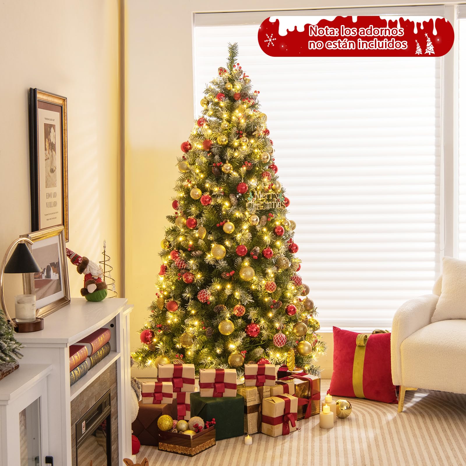 COSTWAY Árbol de Navidad con Luces Incorporadas 195cm, 420 Luces LED Blancas Cálidas, 8 Modos, Arbol de Navidad Decorado, Nieve, 69 Pinos, 207 Bayas Rojas, 909 Ramas de PVC (195cm)