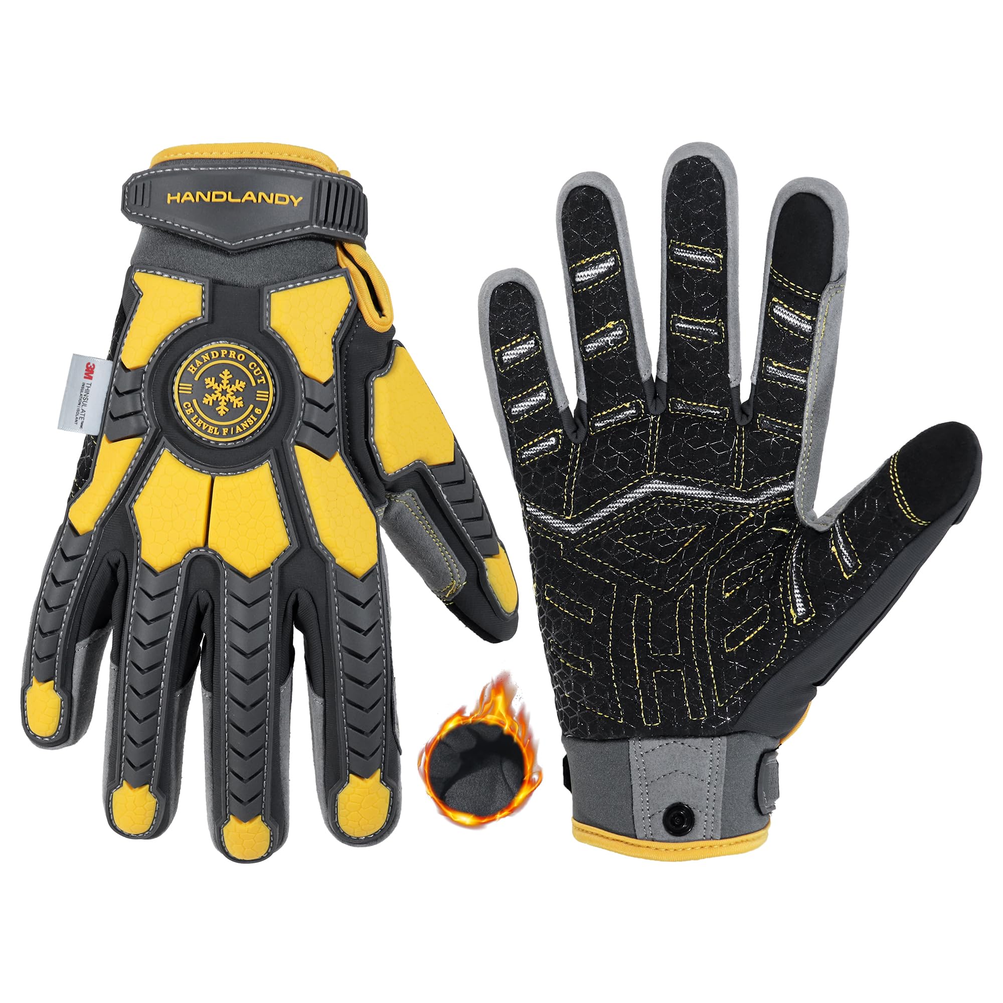 HANDLANDY Winter Cut Resistant Work Gloves for Men Padded Thermal Insulated Heavy Duty Impact Glove for Cold Weather (Yellow-Insulated