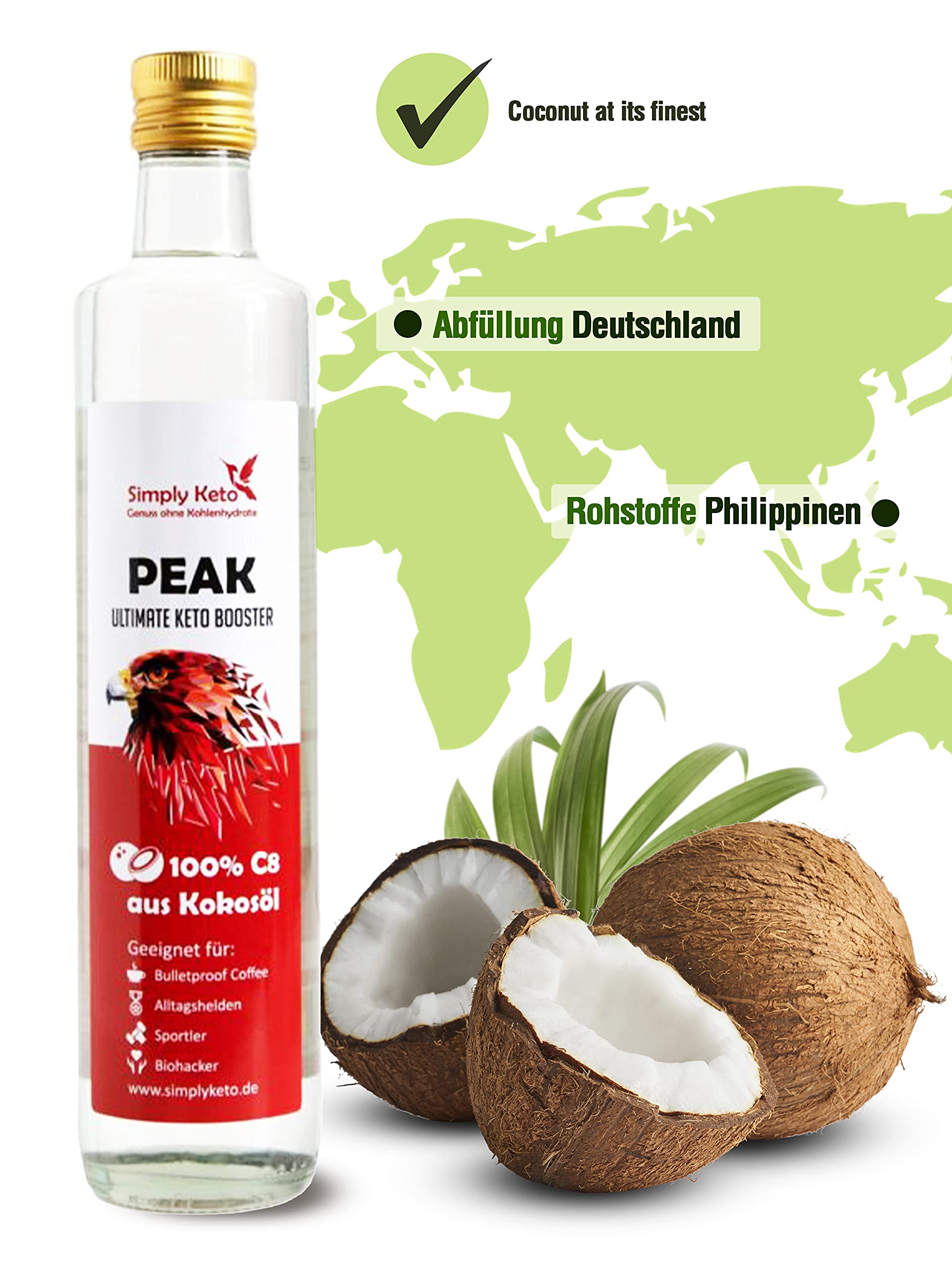 Simply Keto Peak C8 Öl - MCT Öl auf Kokosöl Basis - 100% Caprylsäure - Vegan & Palmölfrei - Geschmacksneutral - Optimal für ketogene Ernährung & Bulletproof Coffee - 5x500ml