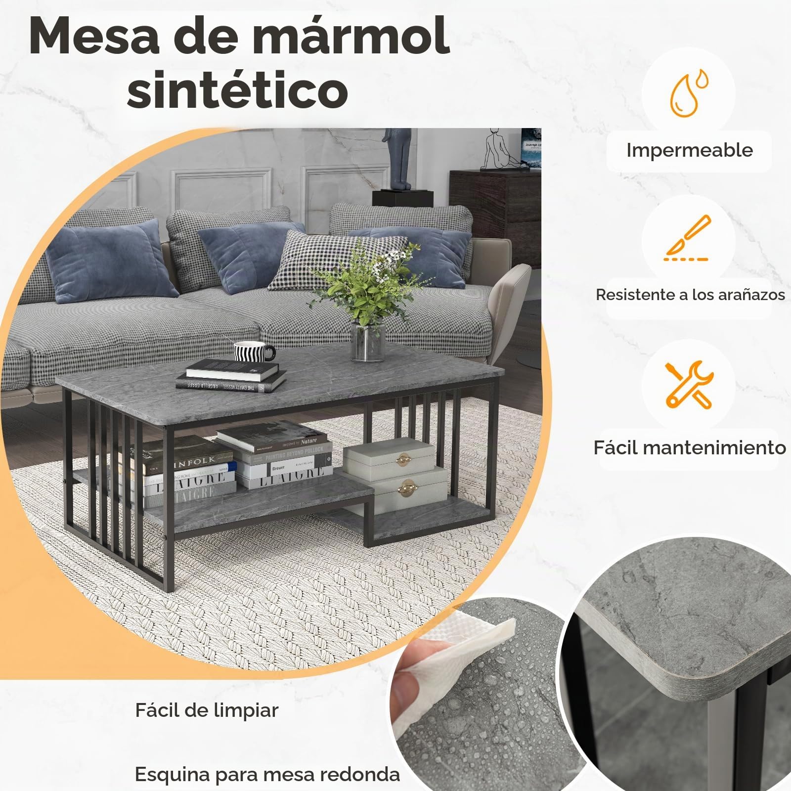 LIFEZEAL Mesa Centro de Salón, con Efecto Mármol, Mesa Baja de Sofá, Madera+Metal, Moderna, Estante Abierto, 110 x 60 x 45 cm
