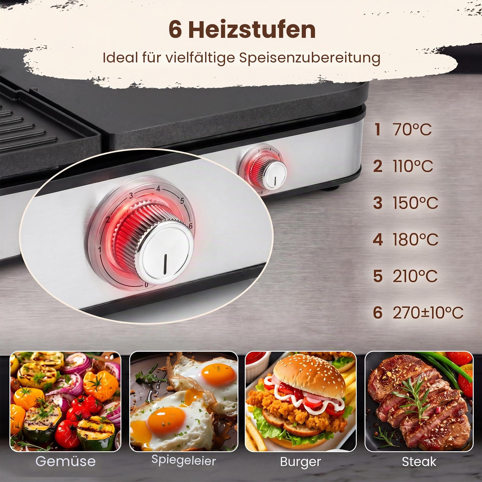 LIFEZEAL Elektrogrill, Tischgrill elektrisch 2000 W, Elektrischer Plattengrill Indoor mit 2 wendbaren Platten, individuelle Temperatureinstellung, Elektro Grill Indoorgrill für Haus, Balkon, Camping