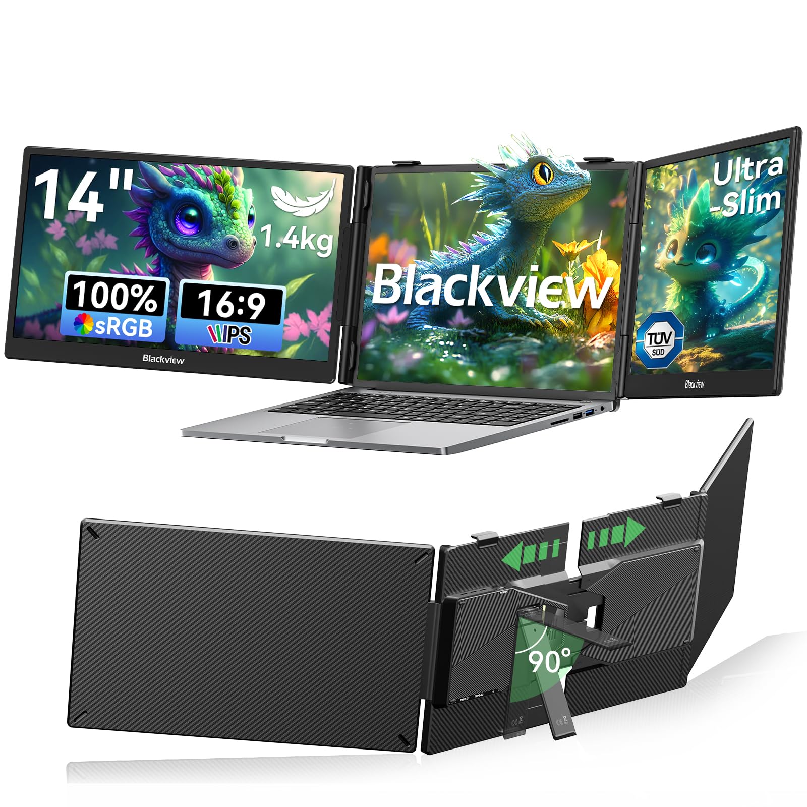 Blackview Laptop Screen, 14" Portable Monitor [FHD 1080P & Ultra-Slim Travel Monitor] Triple Screen for 13-17.3" Laptop, USB-C Plug &Play Screen for Mac/Windows/Android - 1