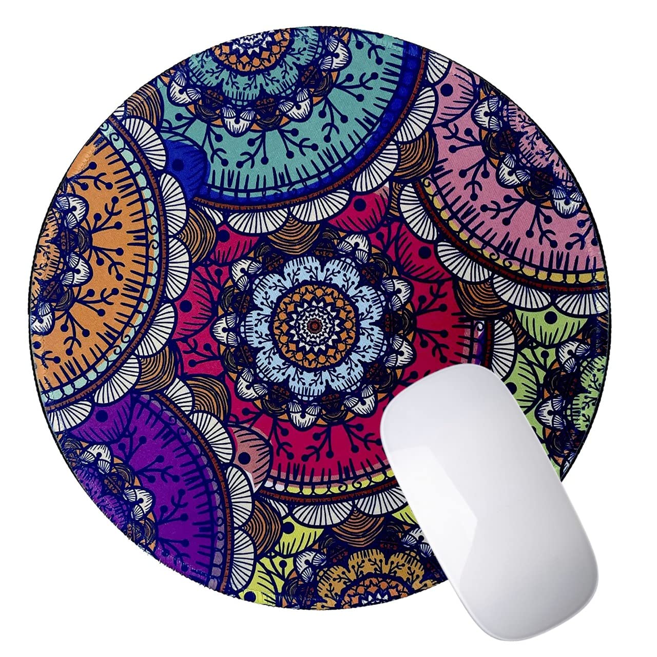 Performore Round Mandala Colorful Design Mouse Pad - 9" Diameter, 3MM Thick Non-Slip Rubber Base, Stitched Edge - Computer Gaming Desk Accessories for Home Office