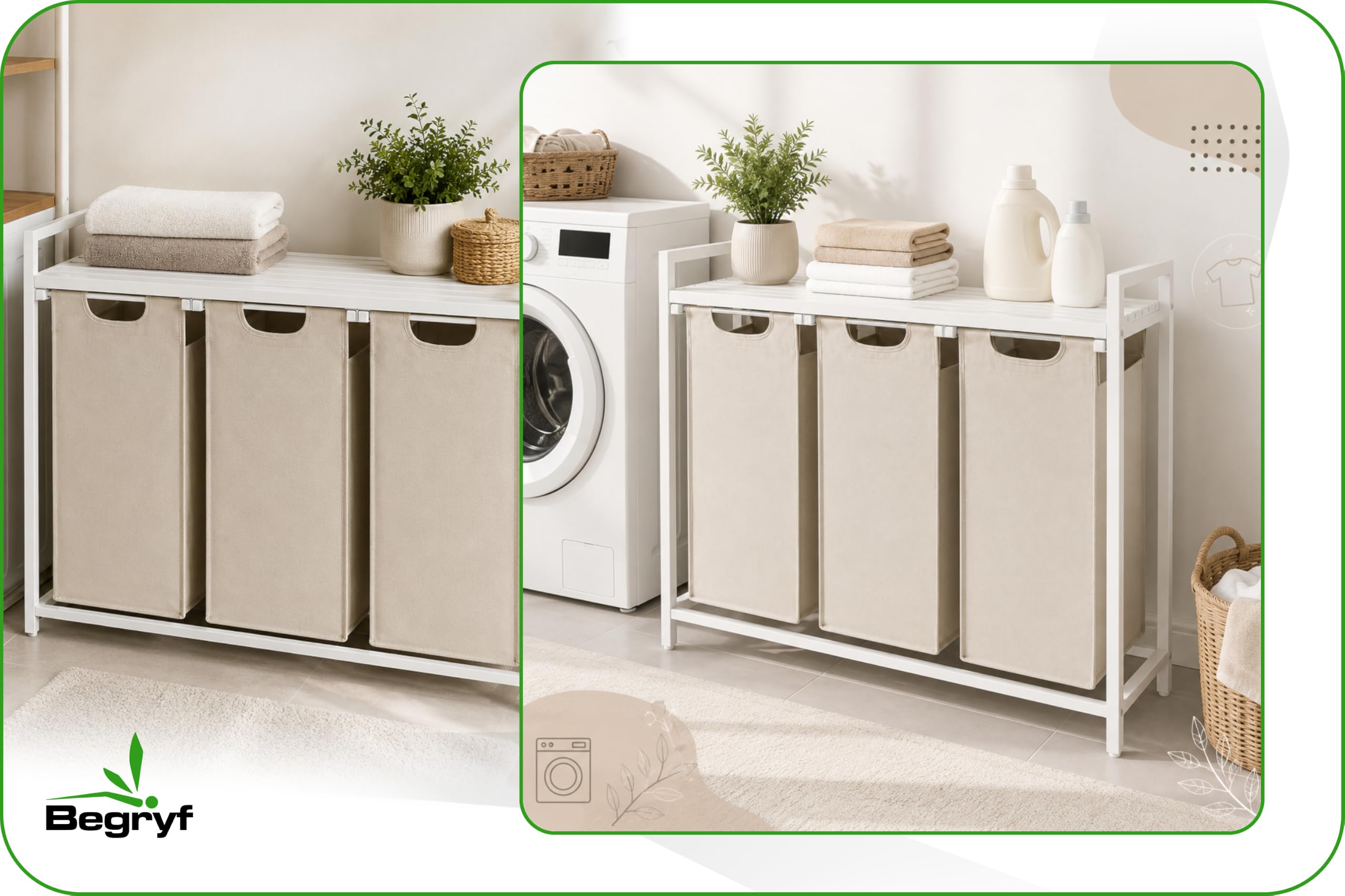 Wäschesammler 3 Fächer 114 L, Wäschekorb mit Ablage, 3 x 38 L, Sortierkorb aus Stoff, MDF und Metall, Weiß mit beigen Fächern, 92,5 x 33 x 71 cm