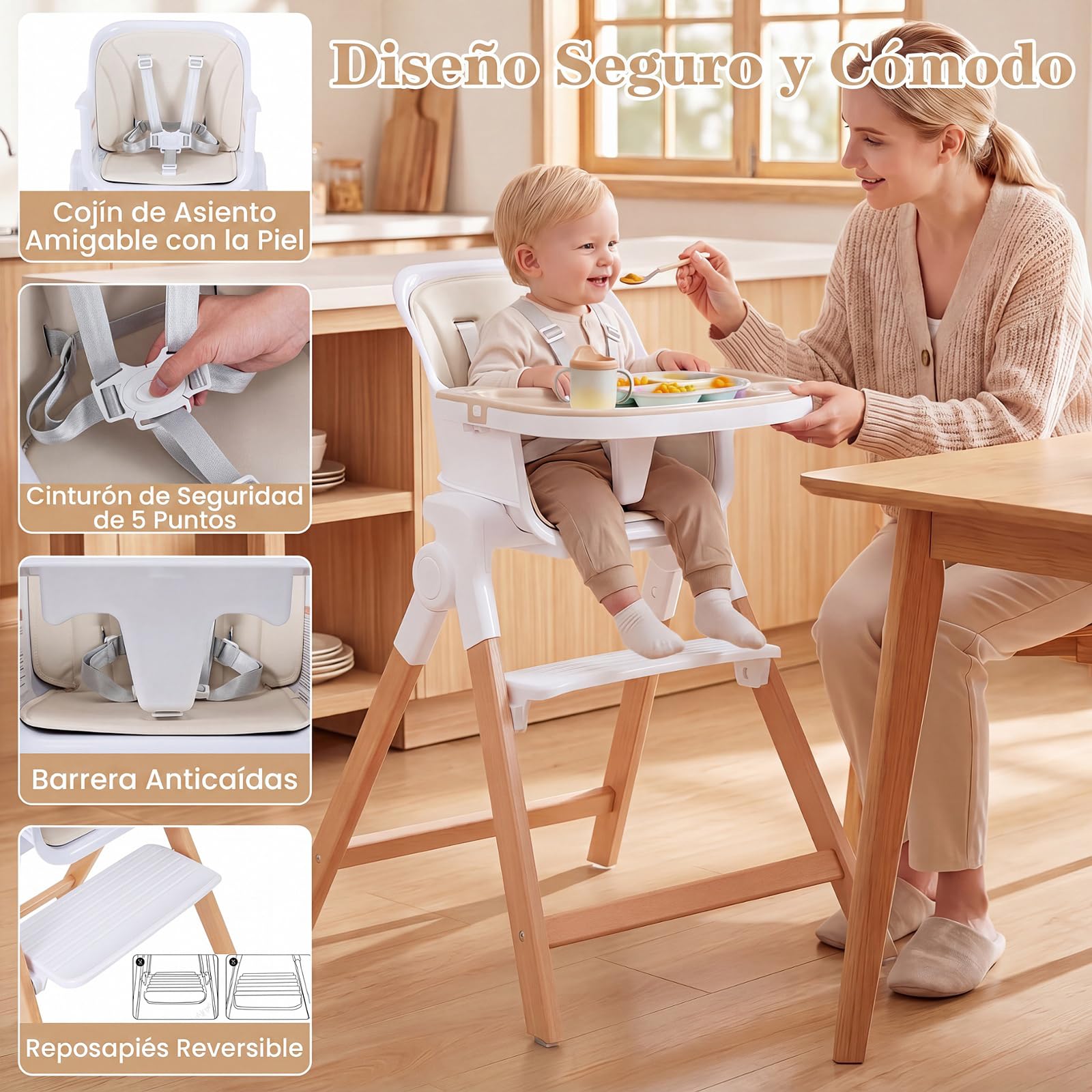 COSTWAY 4 en 1 Trona Convertible para Bebés con Reposapiés (Beige) | Silla Alta de Alimentación Evolutiva para Niños con Bandeja Desmontable y Ajustable, Arnés de 5 Puntos y Patas de Madera Haya
