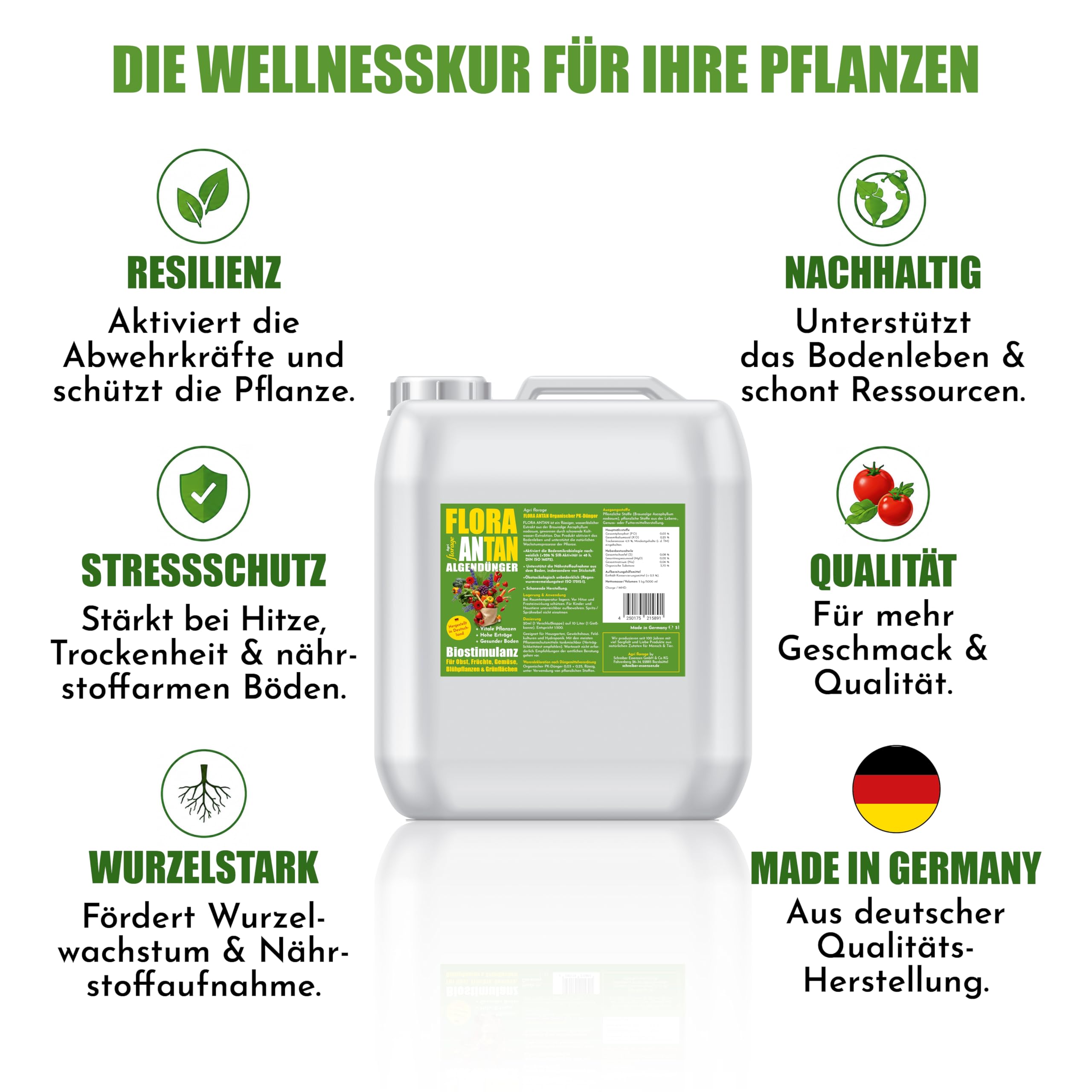Flora Antan Algendünger Biostimulanz 5 L Universaldünger flüssig | Dünger für Obst, Gemüse, Bäume & Pflanzen aller Art, fördert kräftiges Wurzelwachstum, Made in Germany, 2500 L Gießlösung