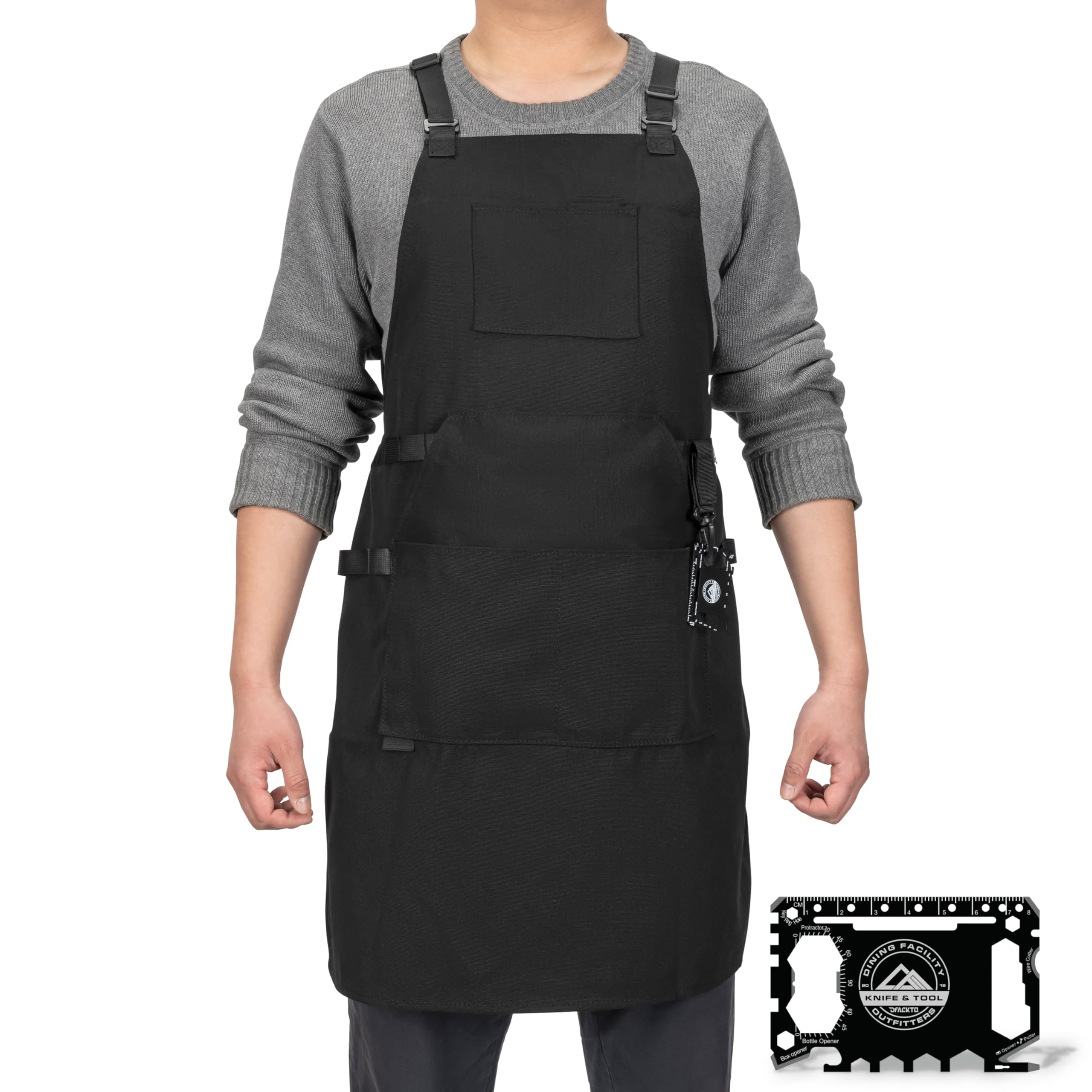 DFACKTO Chef Apron, Heavy Duty 12oz Canvas, Cross Back and Neck Straps, 43-in-1 Multitool, Tactical Buckle and Clip, Black, One size