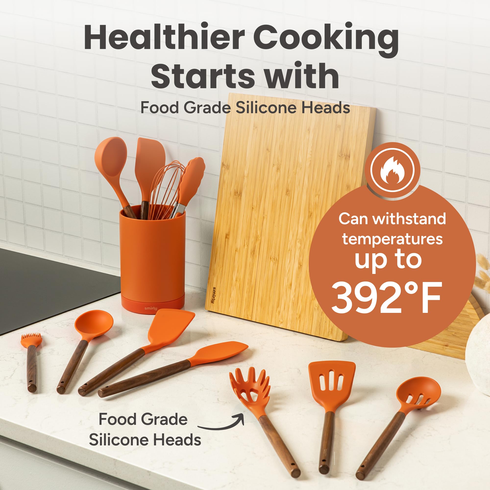 SMIRLY Juego de utensilios de cocina de silicona, esenciales de cocina para el nuevo hogar y el primer apartamento, juego de espátulas de silicona, 22 Piezas, Naranja
