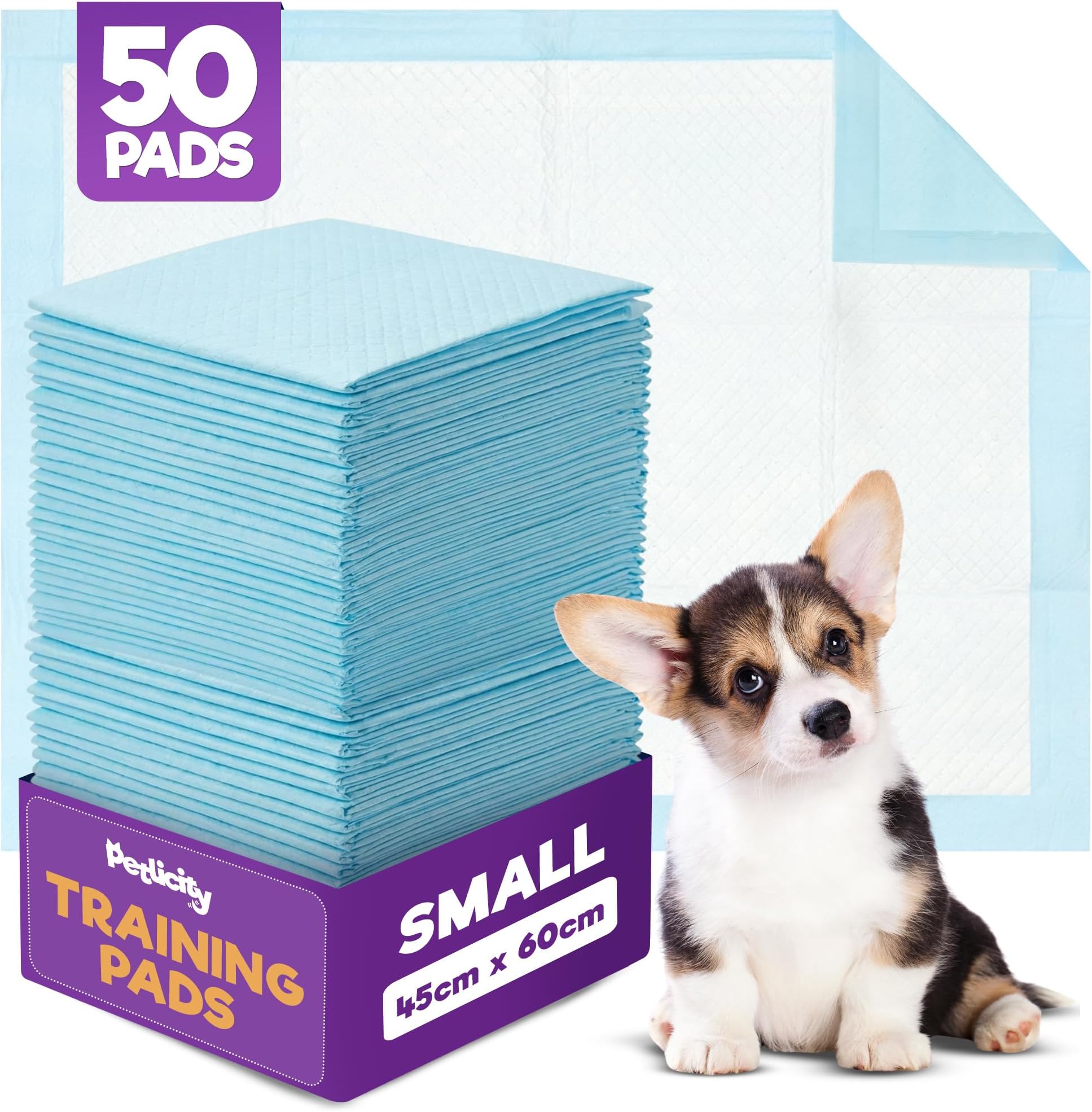 Petlicity 50 Pack Small Puppy Pads - Disposable Puppy Training Pads, Highly Absorbent Leak-Proof Dog Training Pads, Premium Quality Quick-Dry Dog Pads Pee Pads Dogs Mat (45x60cm)