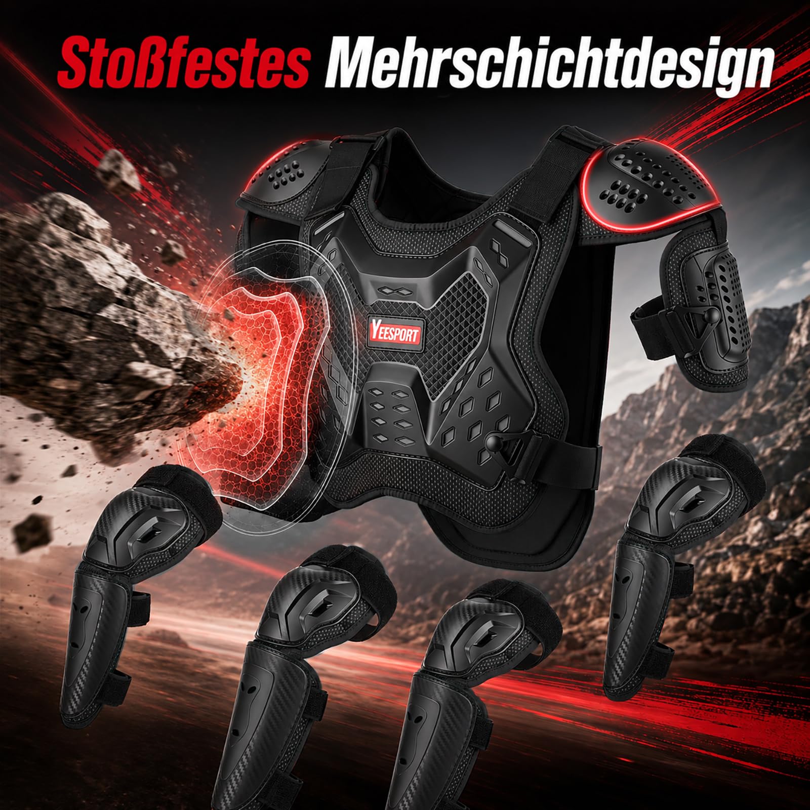 Kinder Brustpanzer Protektoren Set Motocross Schutzausrüstung | Kinder Schutzkleidung mit Protektorenweste, Brustschutz, Rückenprotektor, Kniepads, Ellbogenpads, Mesh-Gewebe und Reflektoren