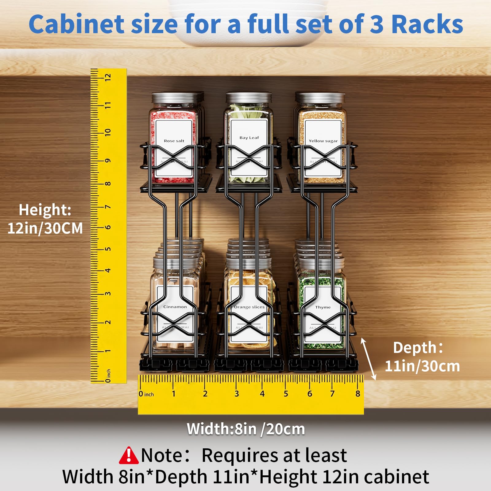 Gewürzregal Ausziehbar 3er-Pack, Gewürz Organizer Für Schrank | Modulares 3er-Pack, Doppelte Gleitschienen, Vollauszug-Design , Schwarze Metallkonstruktion, Einfache Montage, Schrank