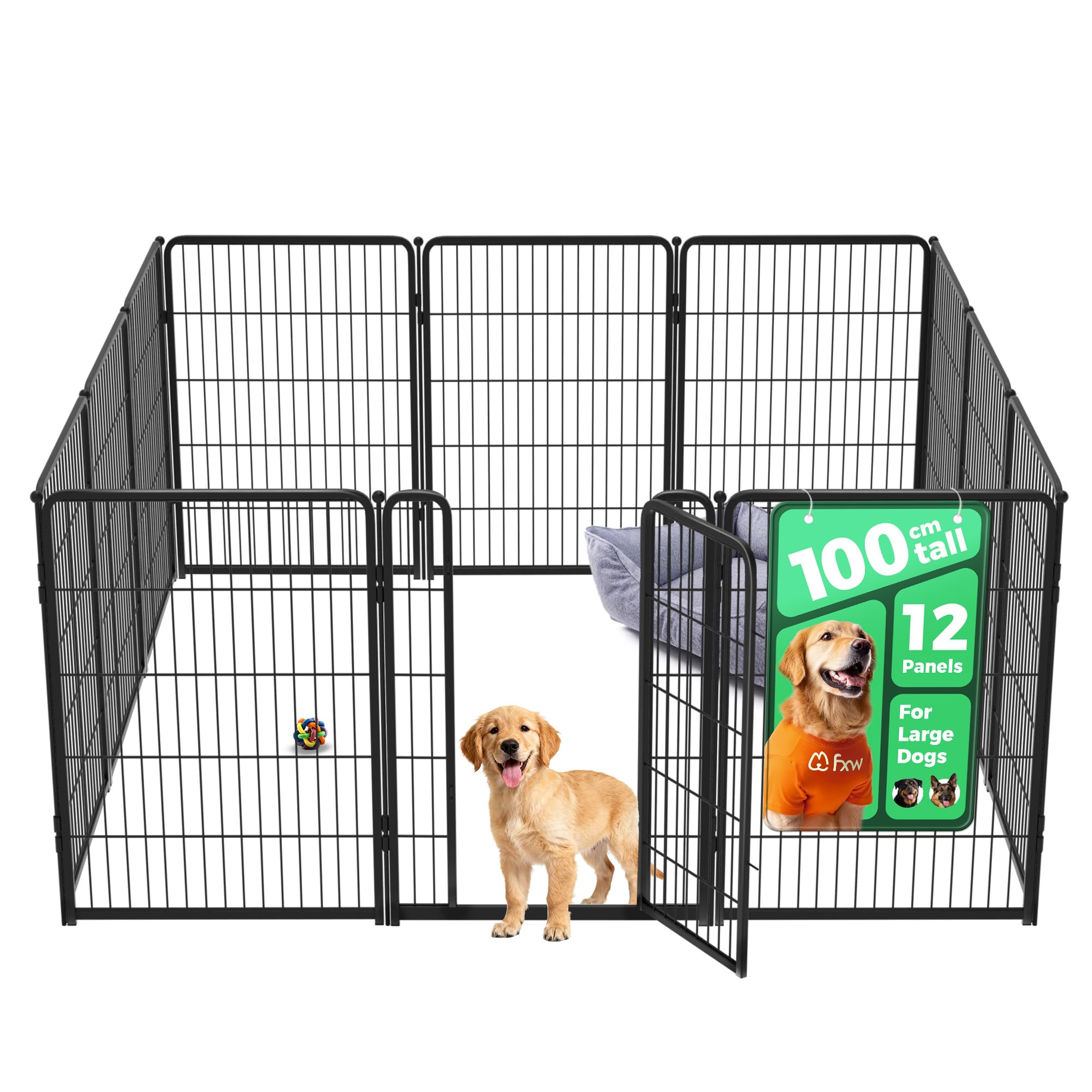 fxw Homeplus Unleashed Indoor Dog Playpen - Stress-Free and Safe Play, Heavy Duty 100cm Height 12 Panels Dog Pen for Medium and Large Dogs, Black│Patent Pending
