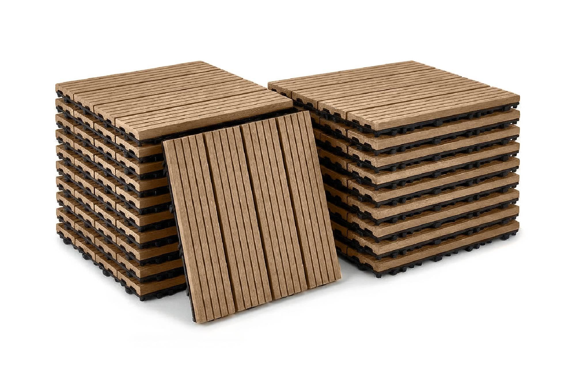 Casanoov Lot de 30 dalles clipsables terrasse en composite SERRA teck rainuré 30x30cm