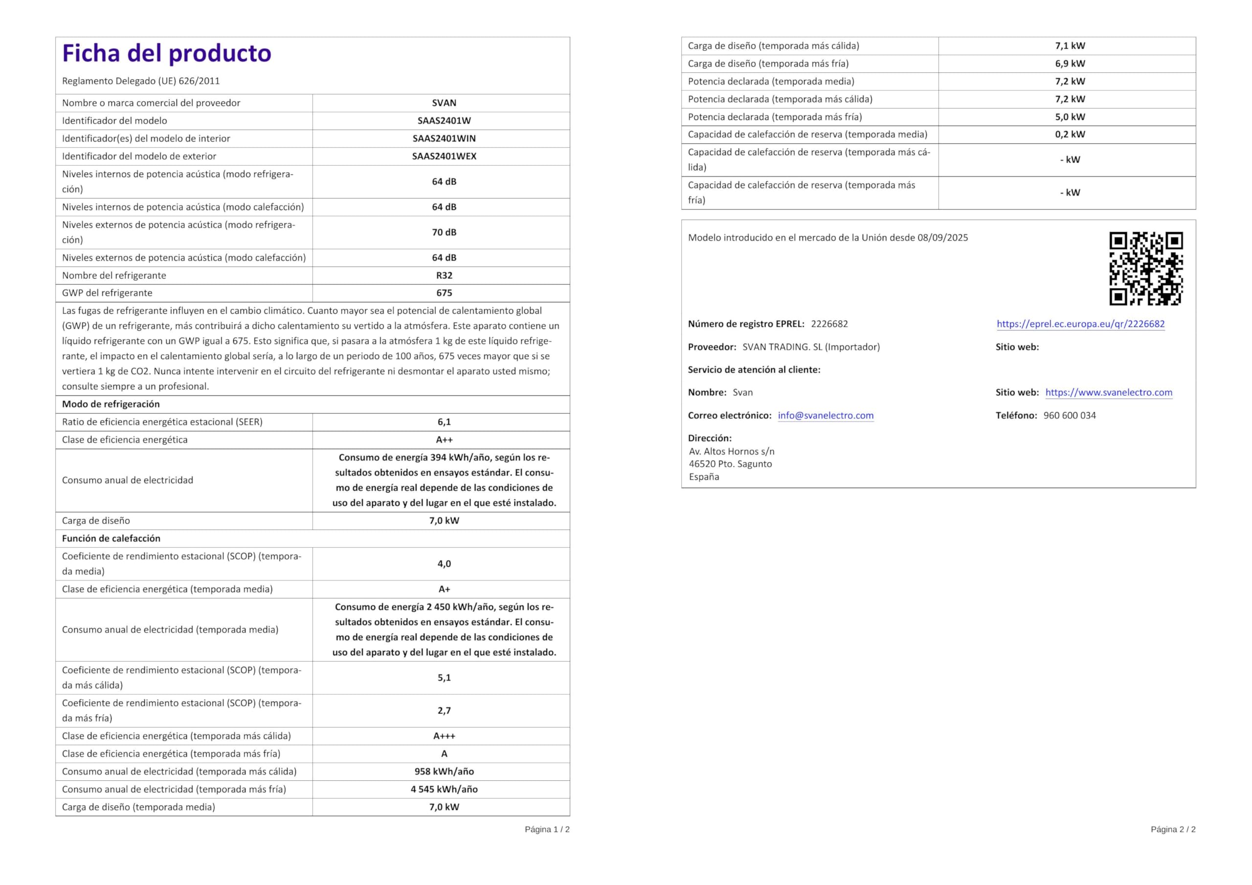 Svan Aire Acondicionado Split, 24000 BTU SAAS2401W. Bomba de Calor, Mando a Distancia, Temporizador, Clasificación Energética A++