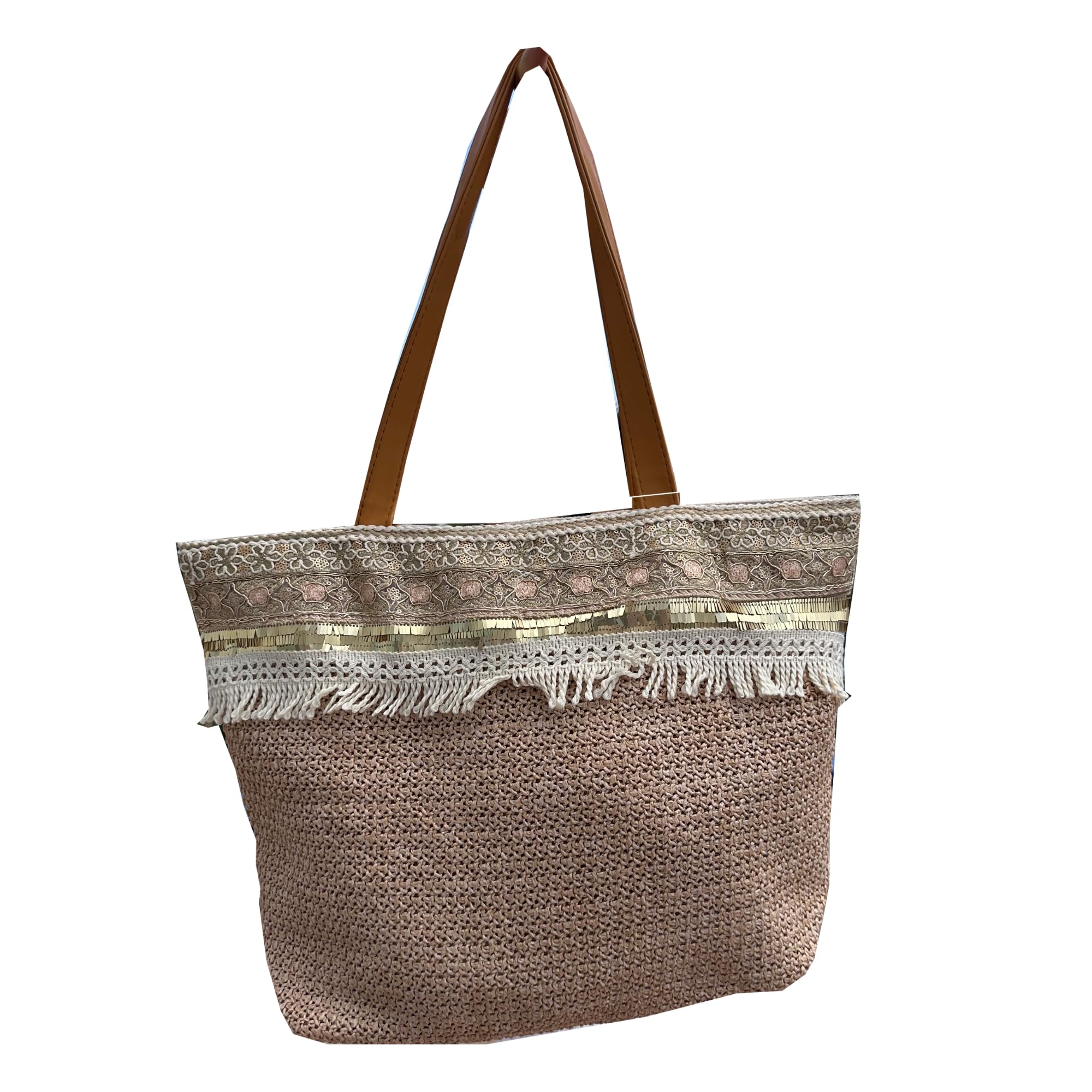 MIGURA Bolso Mujer De Paja Rafia Para Verano Playa, Capazo De Esparto Mimbre Hecho a Mano, Cesta Totte de Hombro Grande Natural Estilo Étnico Bohemio Ecológico Tira Dorada