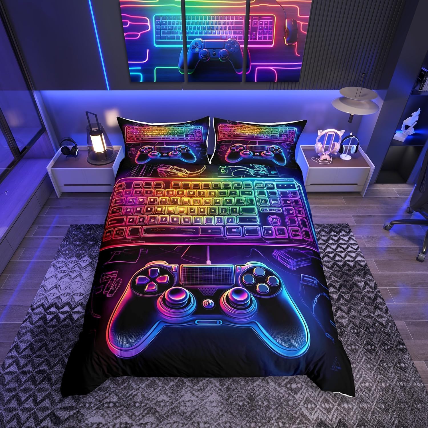 Loussiesd Gamer Bedding Set Neon Gamer Duvet Cover for Kids Boys Girls Junior/Cot 2Pcs Colorful Game Controller Comforter Cover Video Game Bedspread Cover Bedroom Collection