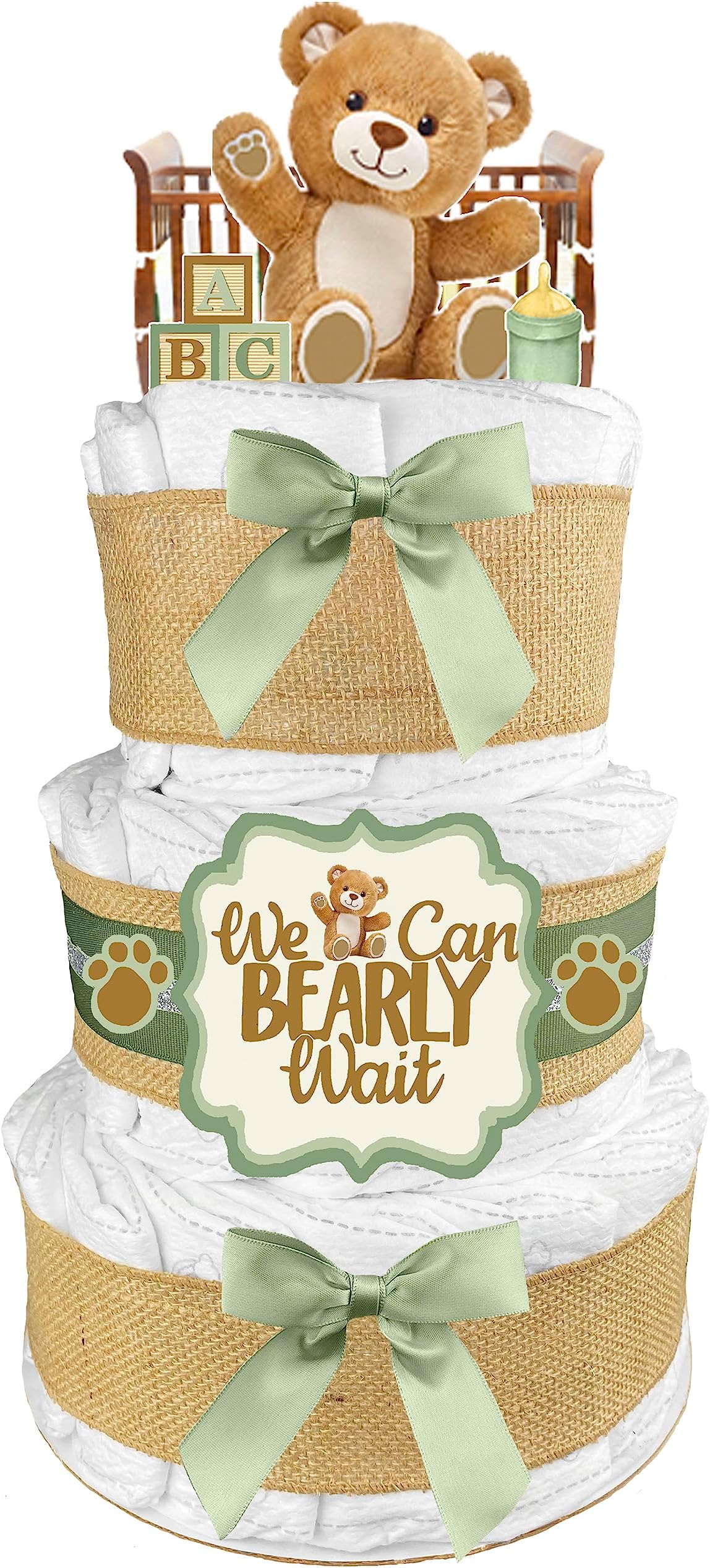 Teddy Bear Diaper Cake - Gender Neutral Baby Gift - Sage Green, 62 Count