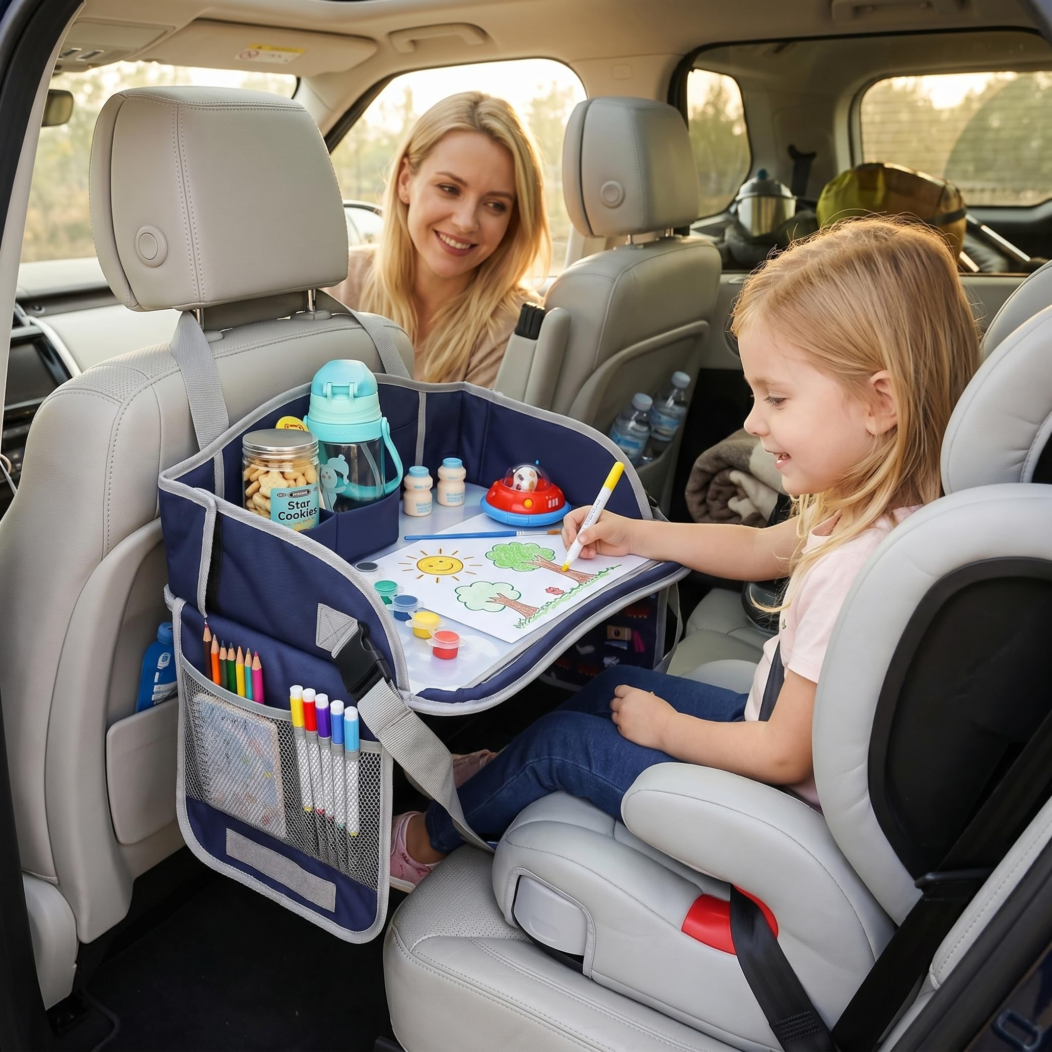 Vassoio da viaggio per bambini, grande vassoio pieghevole per seggiolino auto, con tasche portaoggetti, per ragazze e ragazzi, blu scuro