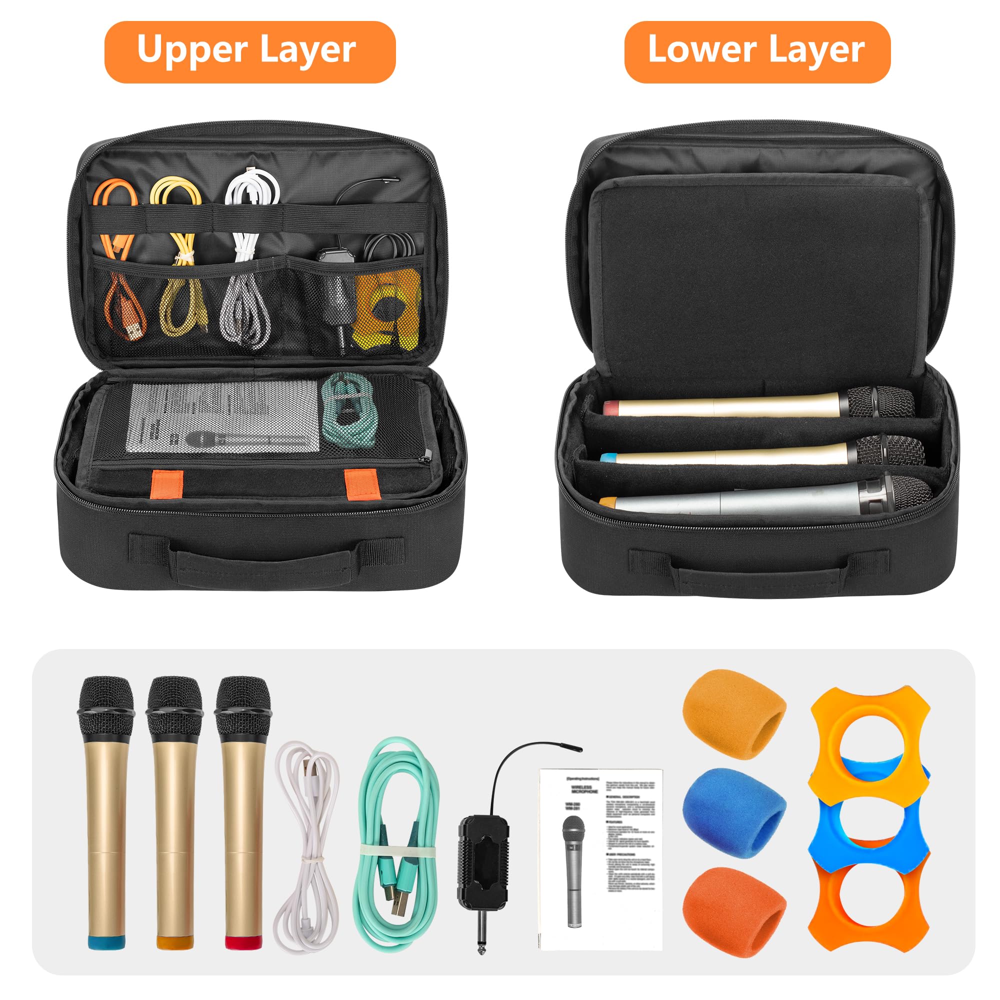 PGmoon 3 Slots Wireless Microphone Carrying Case, Microphone Storage Bag Fits for 3 Mic System Microphones Up to 11’’, Portable Mic case for Singing, Karaoke (Patent Design)