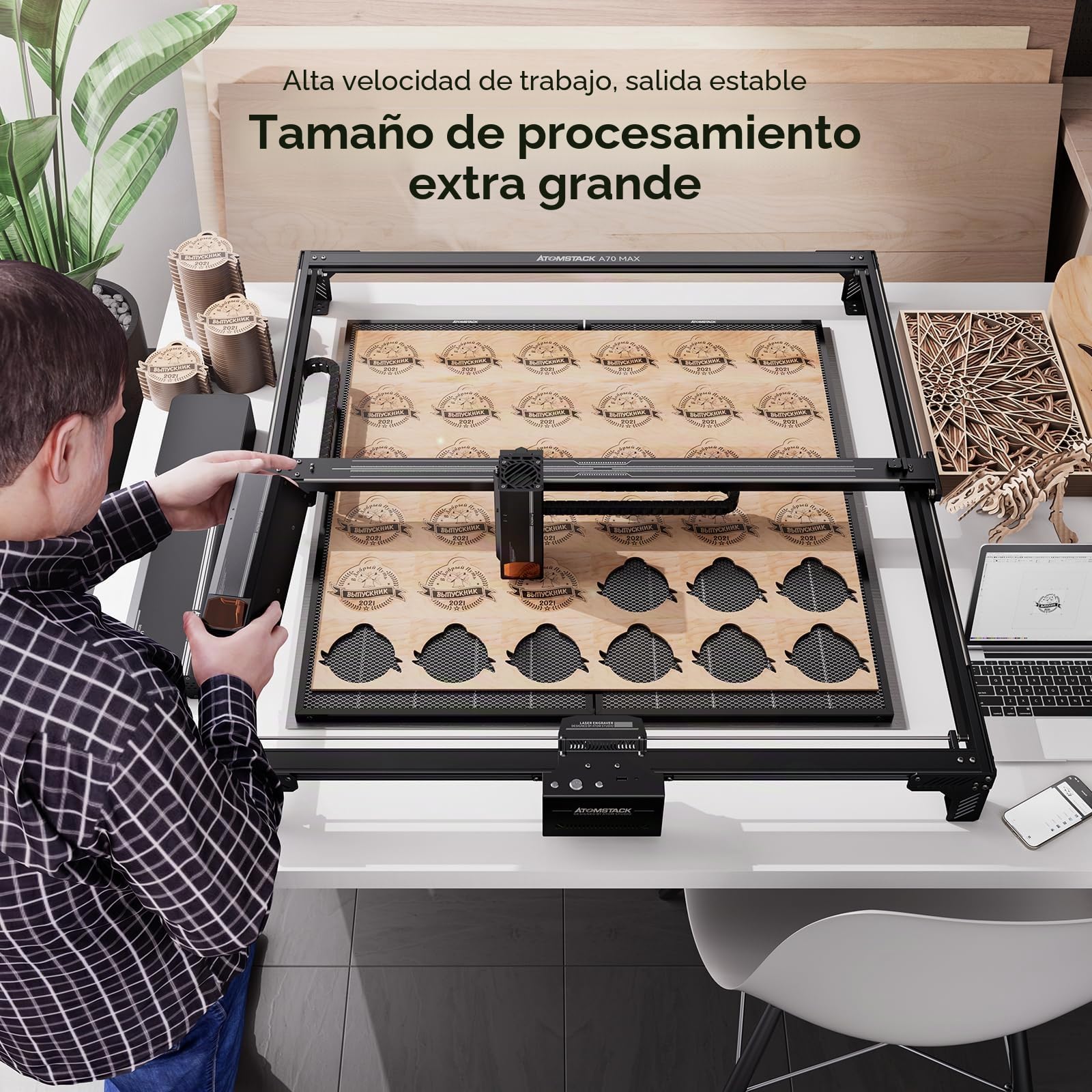 ATOMSTACK A70 Max Máquina de corte para grabado láser con soporte de aire inteligente, modo de 70 W/35 W, enfoque rápido, trabajo fuera de línea, máquina de grabado láser para madera, metal acrílico,