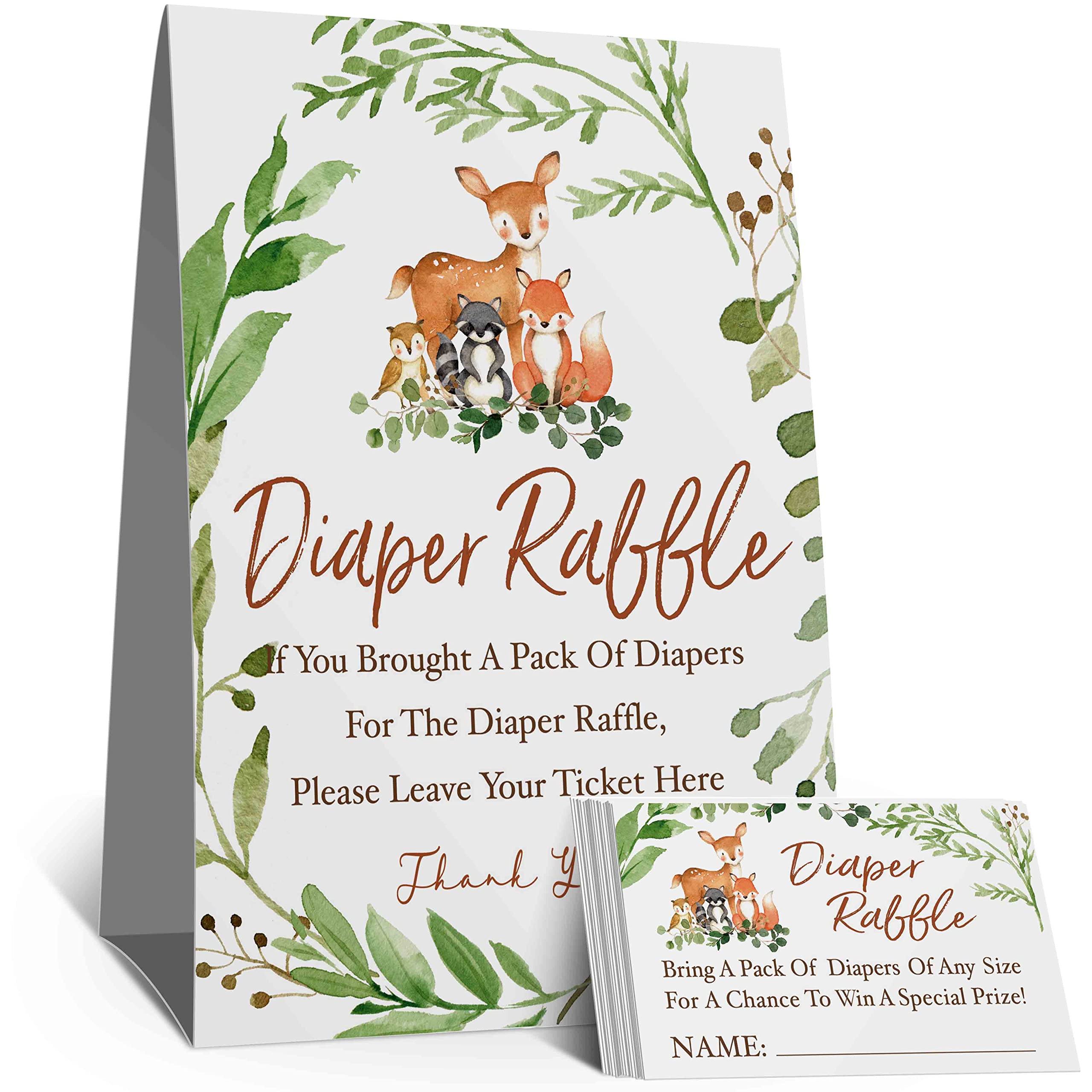 skuhyygWoodland Diaper Raffle Tickets, Diaper Raffle Sign, Watercolor Eucalyptus leaves Woodland Diaper Baby Showers, Watercolor Woodland Forest Animals Insert Ticket(1 Sign+50 Cards)