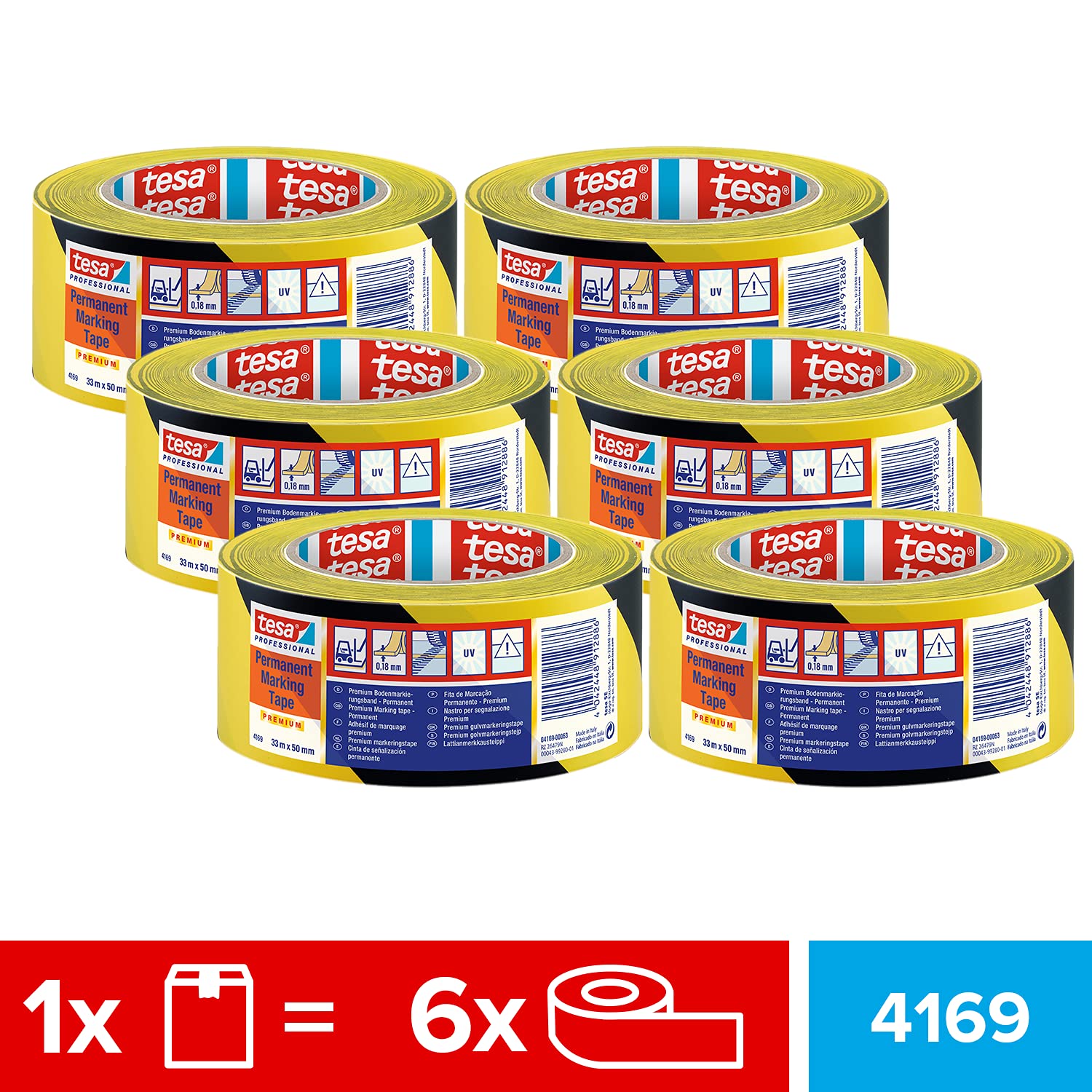 tesa 4169, Nastro segnaletico per pavimenti in confezione da 6, Nastro segnaletico autoadesivo per la marcatura di aree, nero-giallo, 6 rotoli ciascuno 33 m x 50 mm