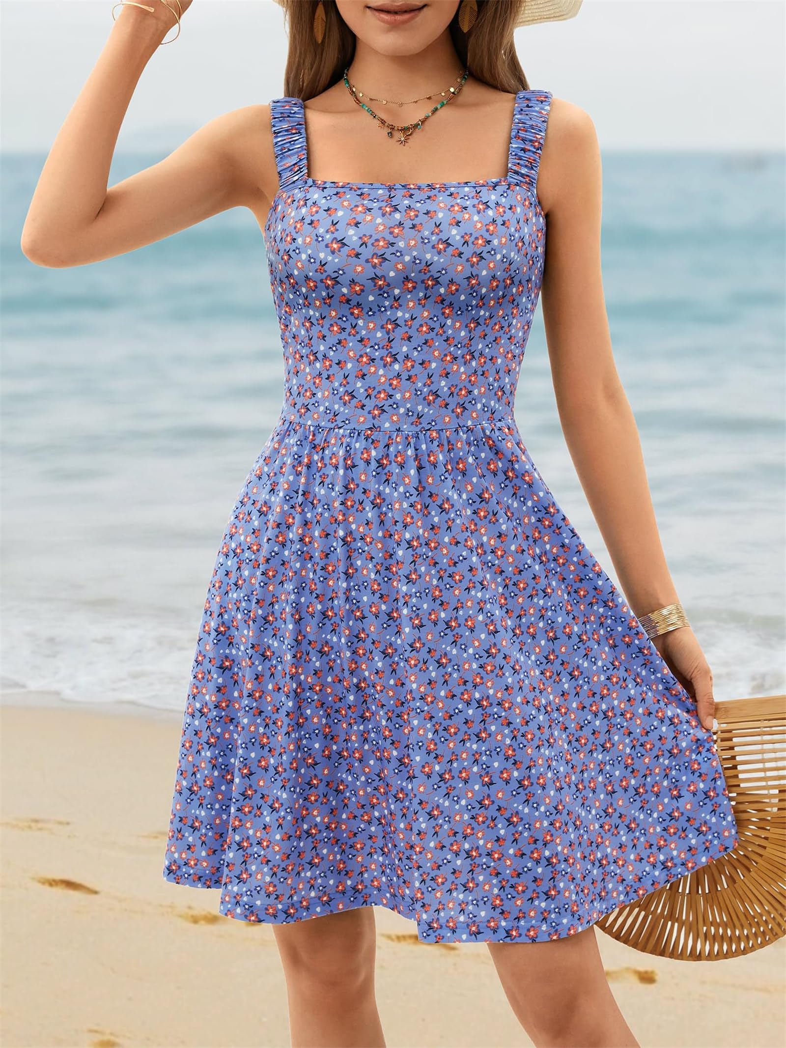 Abiti midi estivi casual da donna, con tasca, carini, senza maniche, a vita alta, linea ad A, abiti avvolgenti