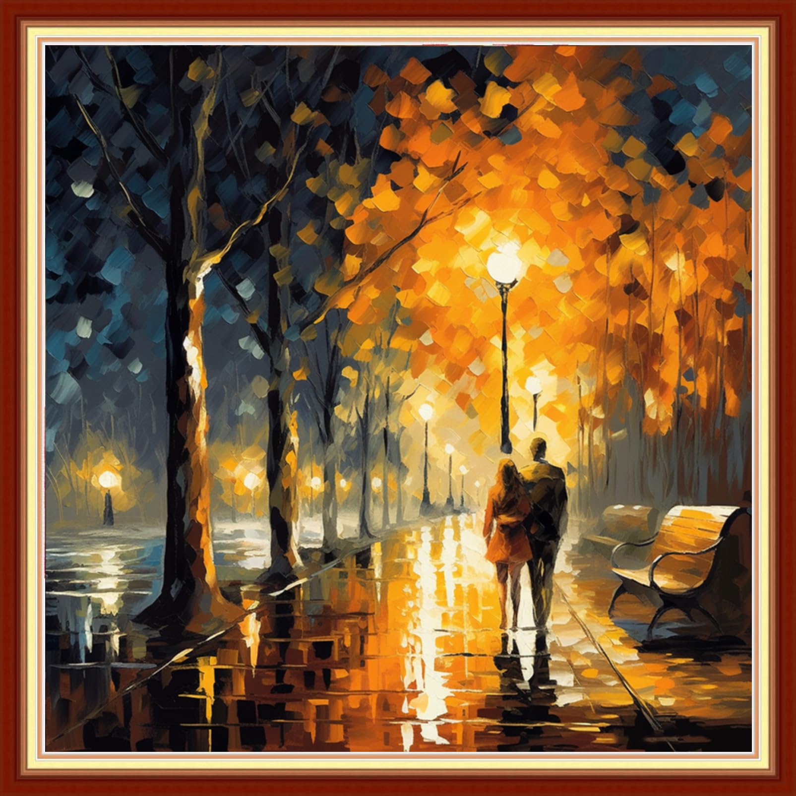 Foxdiviy Stamped Cross Stitch Kits Full Range of Embroidery Needlework Starter Kits for Beginners Adults 11CT Embroidery Patterns Art Crafts DIY Needlepoint Kits-Strolling on a Rainy Night 18x18 inch