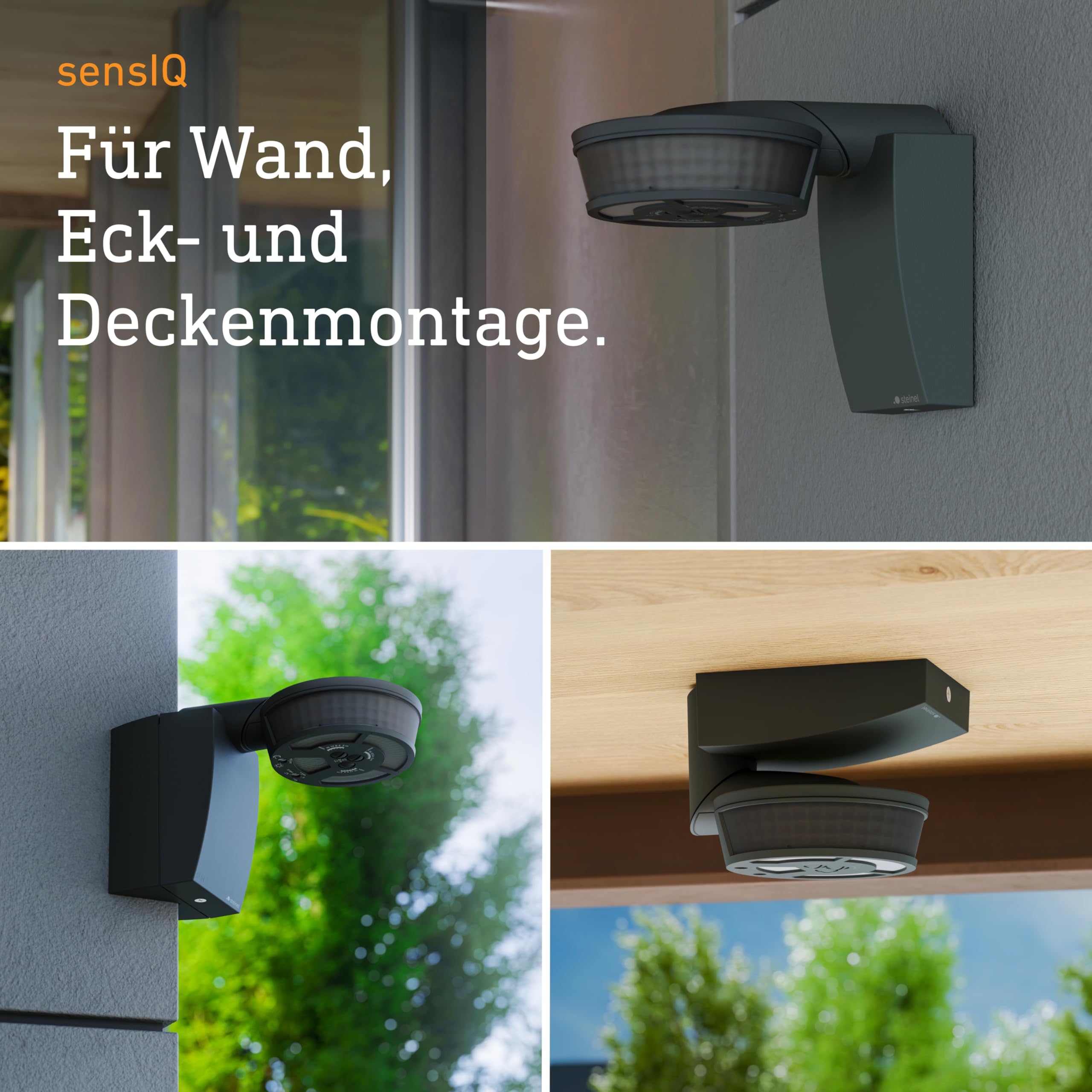 Steinel 29579 Infrarot-Bewegungsmelder sensIQ schwarz, 300°|20 m Sensor, 2500 W, Dauerlicht, Montage an Wand, Ecke oder Decke