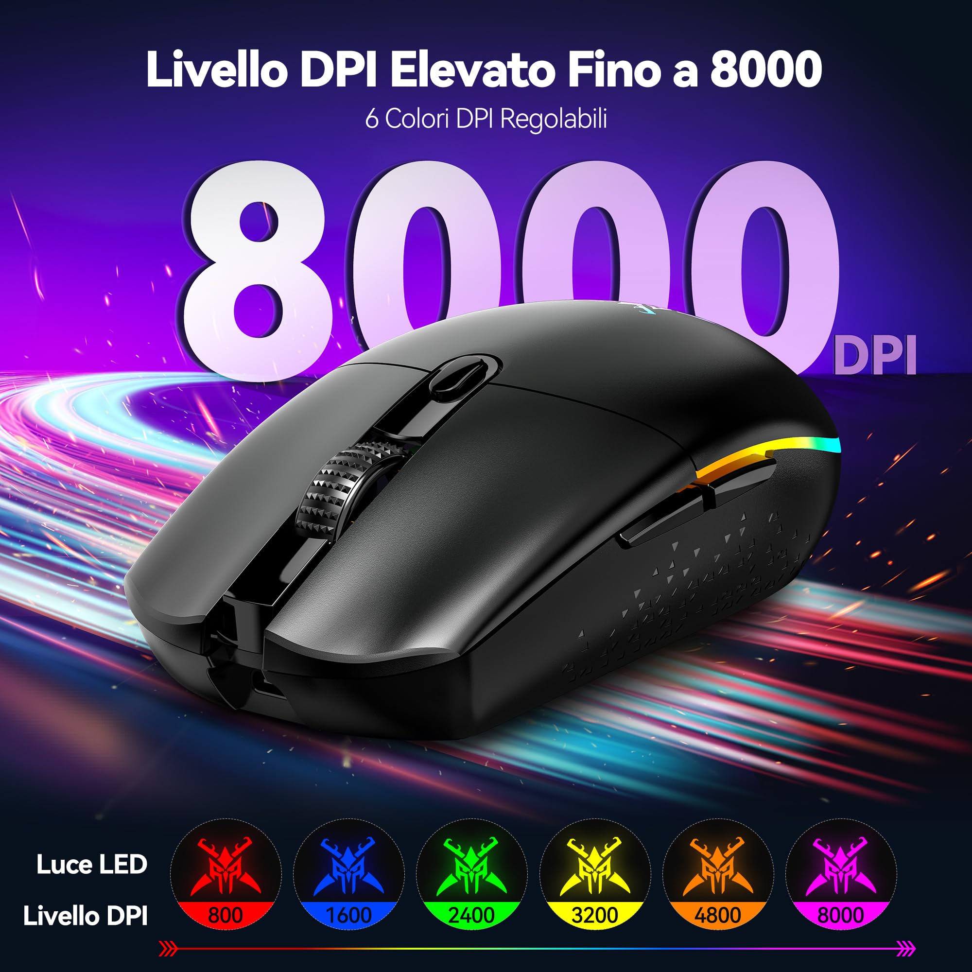 TECKNET Mouse Gaming Wireless, 8000DPI Gaming Mouse Wireless Ricaricabile, Doppia Modalità a 2.4G e Cablato, 6 Modalità RGB, Gaming Mouse Pc con Pulsanti Programmabili per Window XP/11/10/8/7, Nero