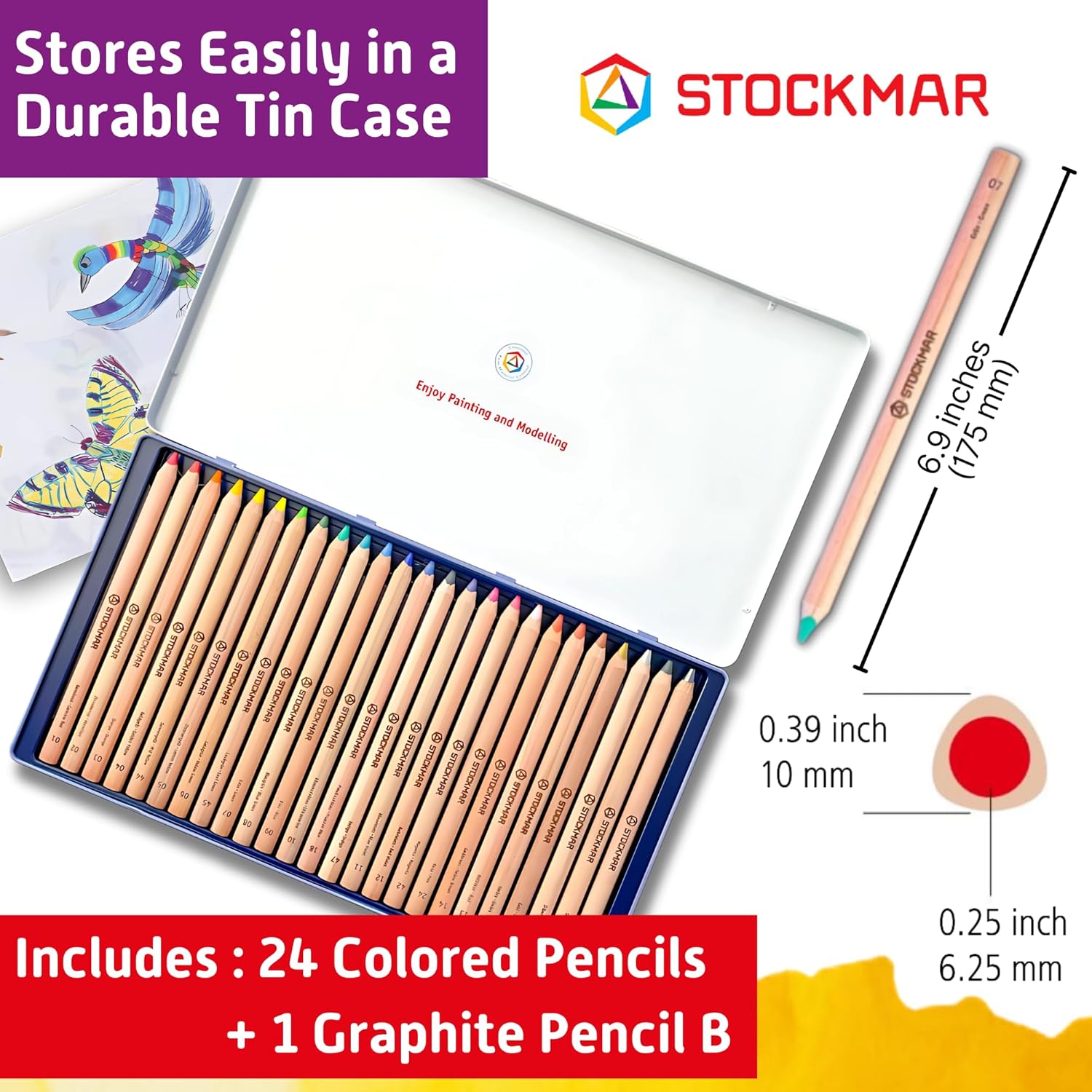 STOCKMAR Triangular Colored Pencils 24 Count + 1 Graphite Pencil In a Tin Case: Professional Art Supplies For Adults Artist And Waldorf School Supplies Colored Pencils For Kids At Home Or Classroom