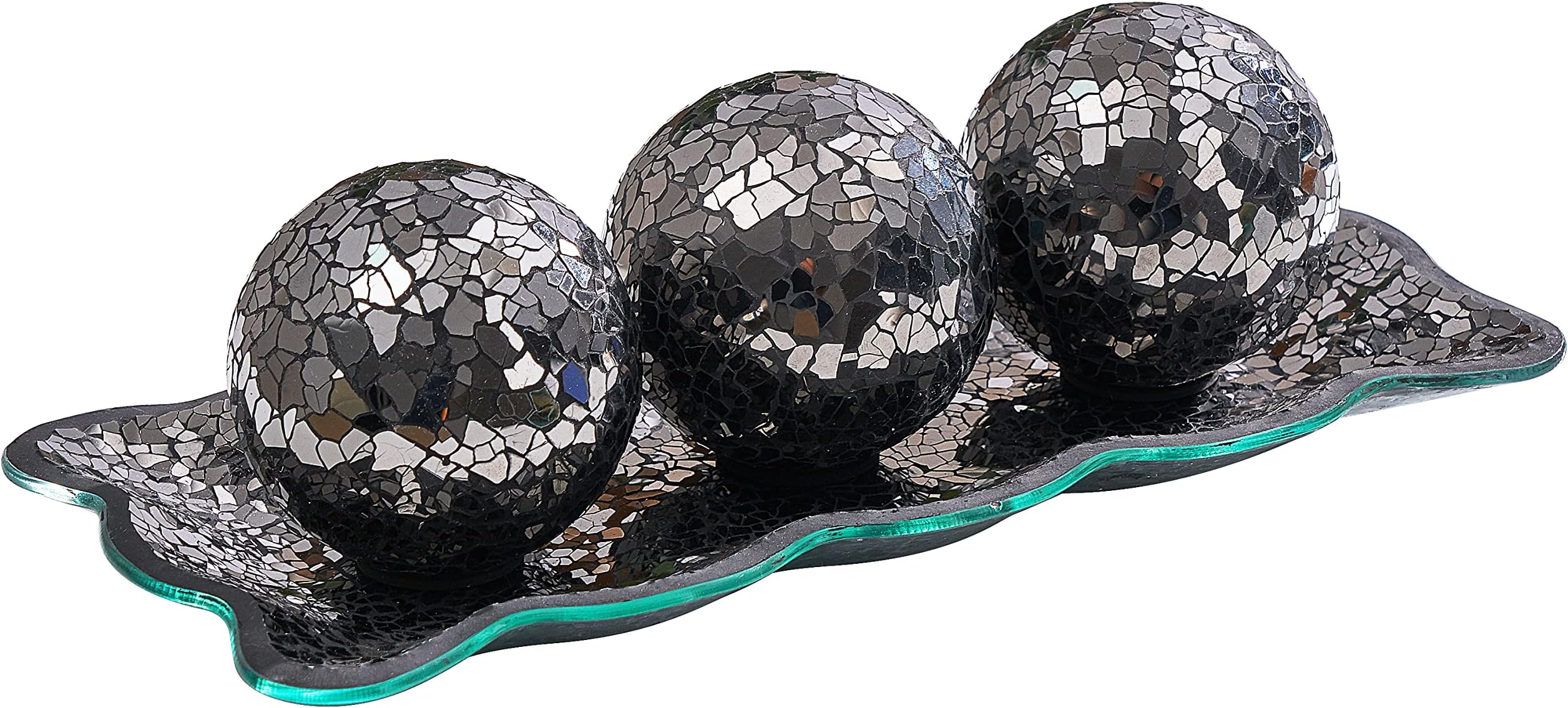 KMwares 12.4” Mosaic Glass Decorative Tray Dish Plate with 3pcs 3" Decorative Orbs Balls Sphere Decor for Living Room or Dining Table Coffee Table Mantle Decor Centerpiece (Black)