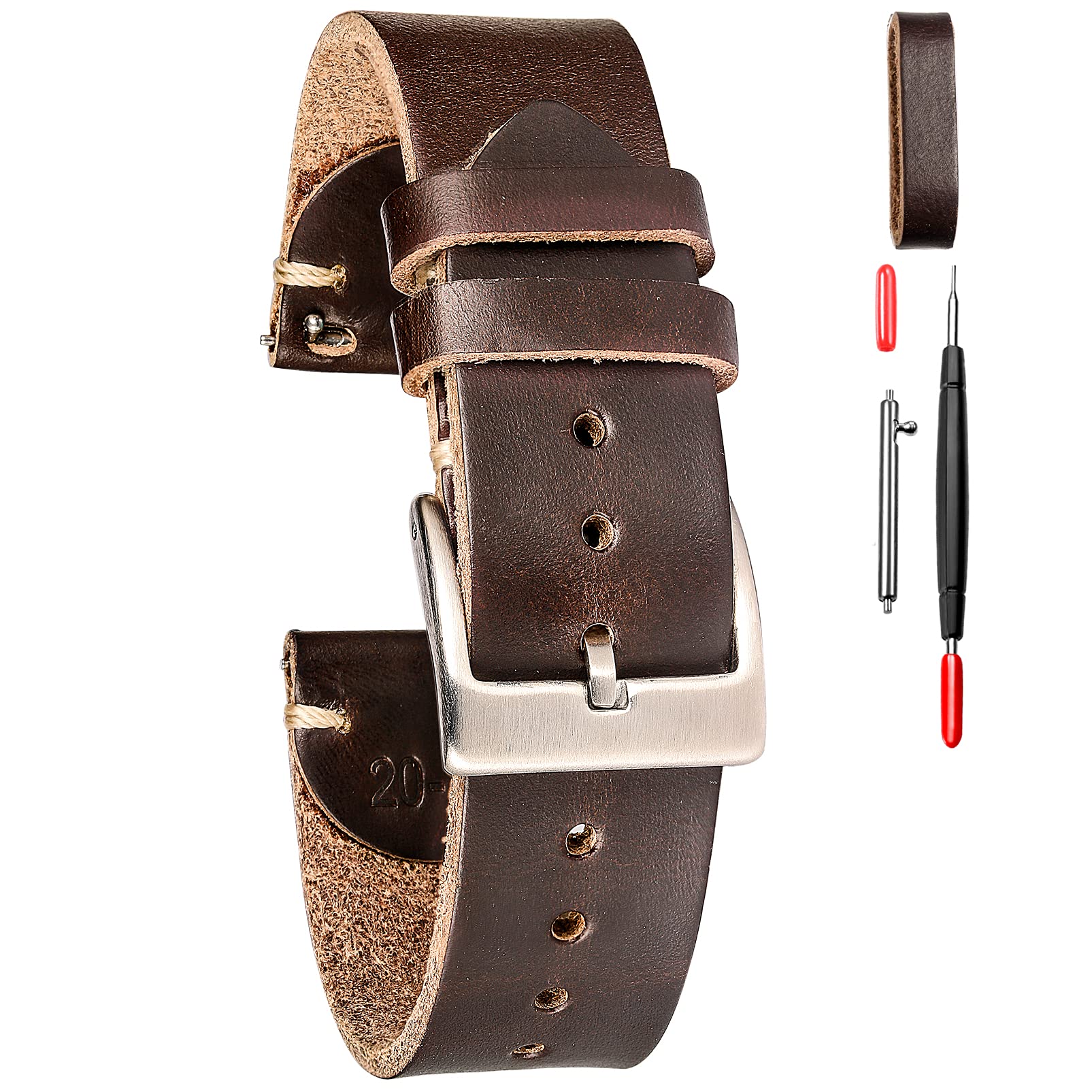 hemsut h Leather Watch Bands for Men, Horween Quick Release Leather Watch Strap Vintage Watch Replacement Wrap of 18mm, 20mm, 22mm