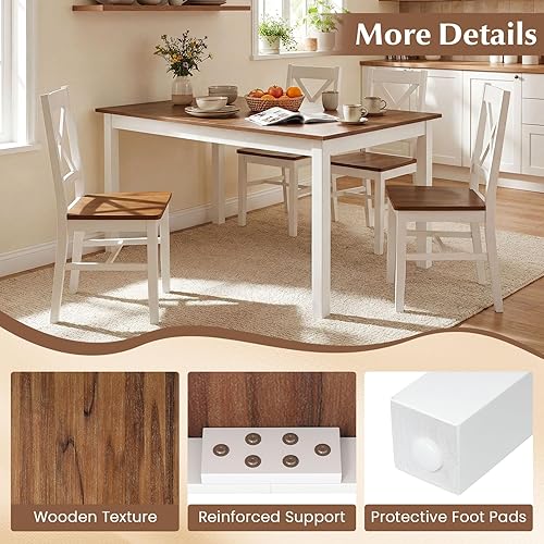 Miniatura 4 de Tangkula Juego de mesa de comedor para 6, madera maciza, juego de comedor de granja con patas de madera de goma, moderno de mediados de siglo, juego