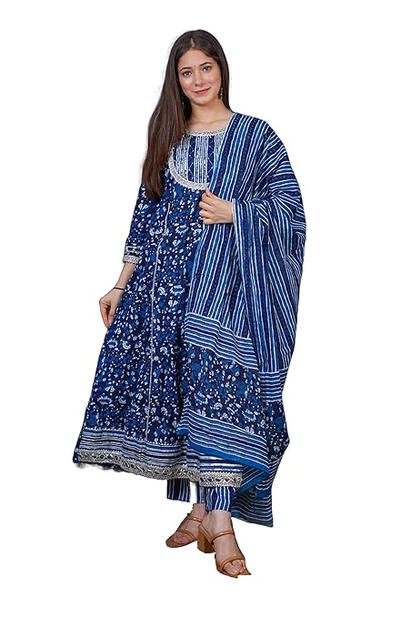 Women's Cotton Floral Printed Blue Anarkali Kurta With Palazzo & Dupatta Set