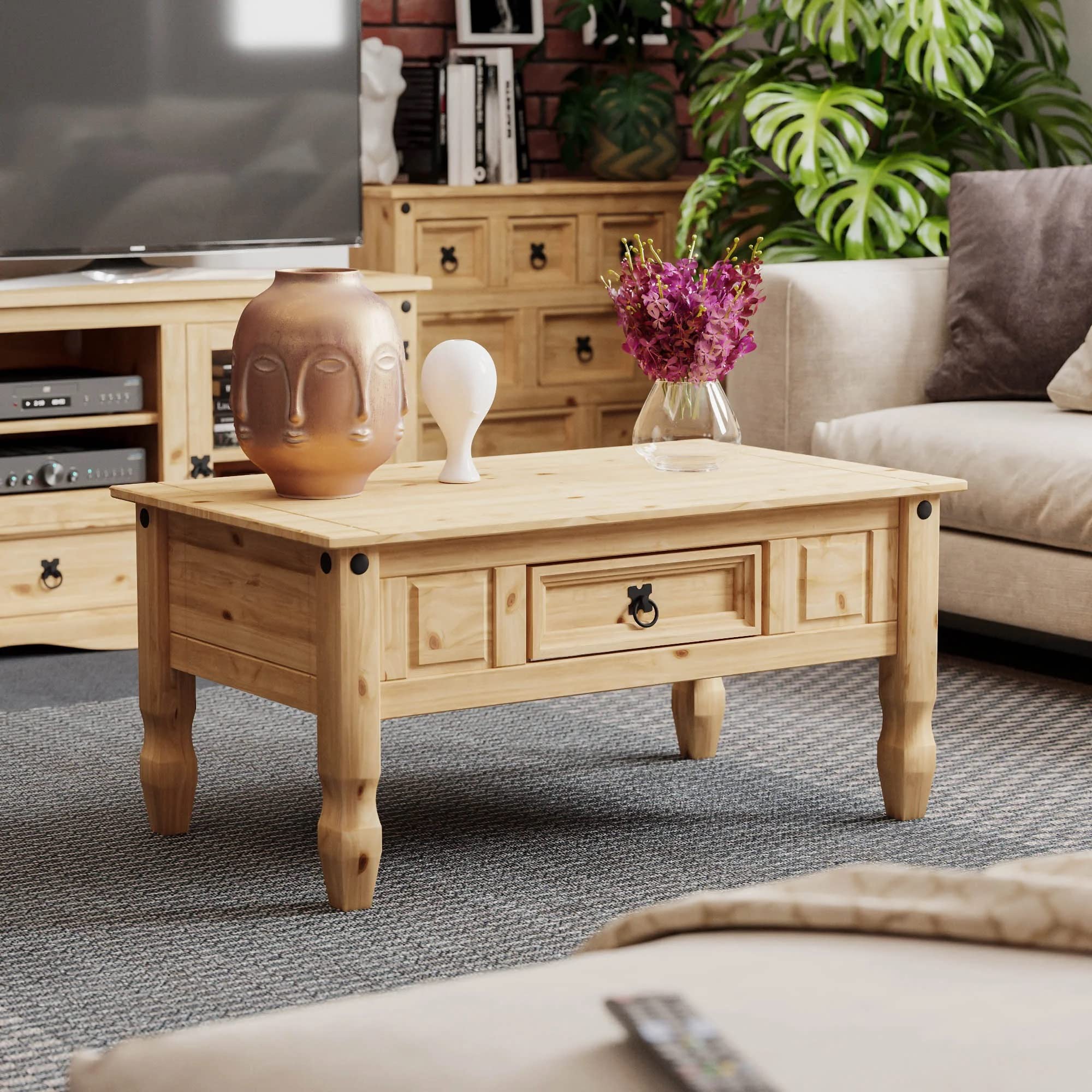 Corona Coffee Table 1 Drawer, Solid Mexican Pine