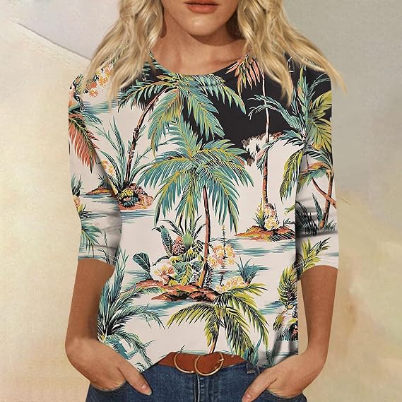 3/4 Length Sleeve Womens Tops Summer Plus Size Crewneck Sweatshirts Casual Graphic Three Quarter Sleeve Blouses