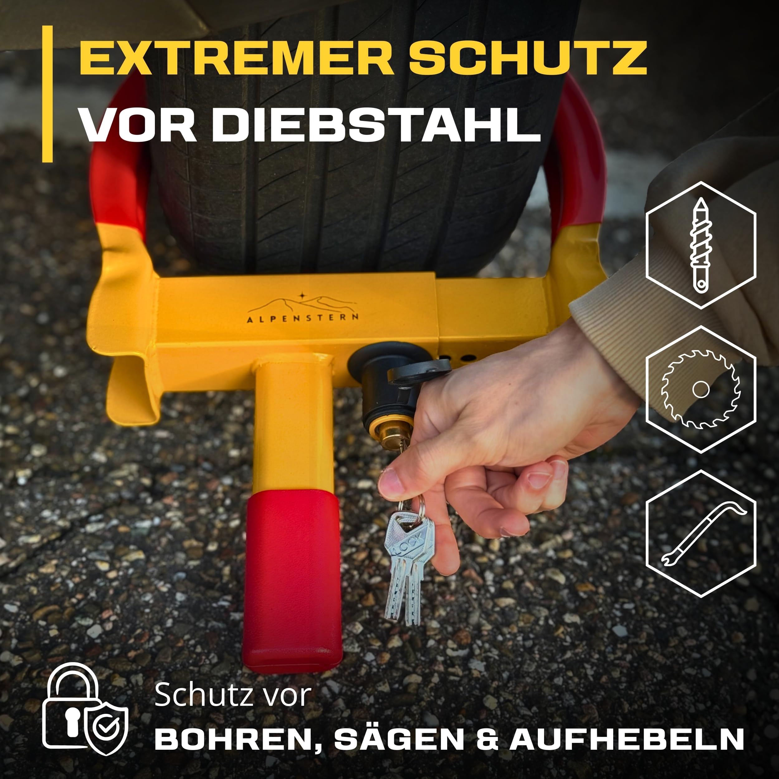 Parkkralle Radkralle für Anhänger, Auto, Wohnwagen, Wohnmobil, PKW, Wegfahrsperre Autokralle Reifenkralle mit Sicherheitsschloss + 3 Schlüssel, für 17-30cm breite Reifen, 1-Hand Bedienung