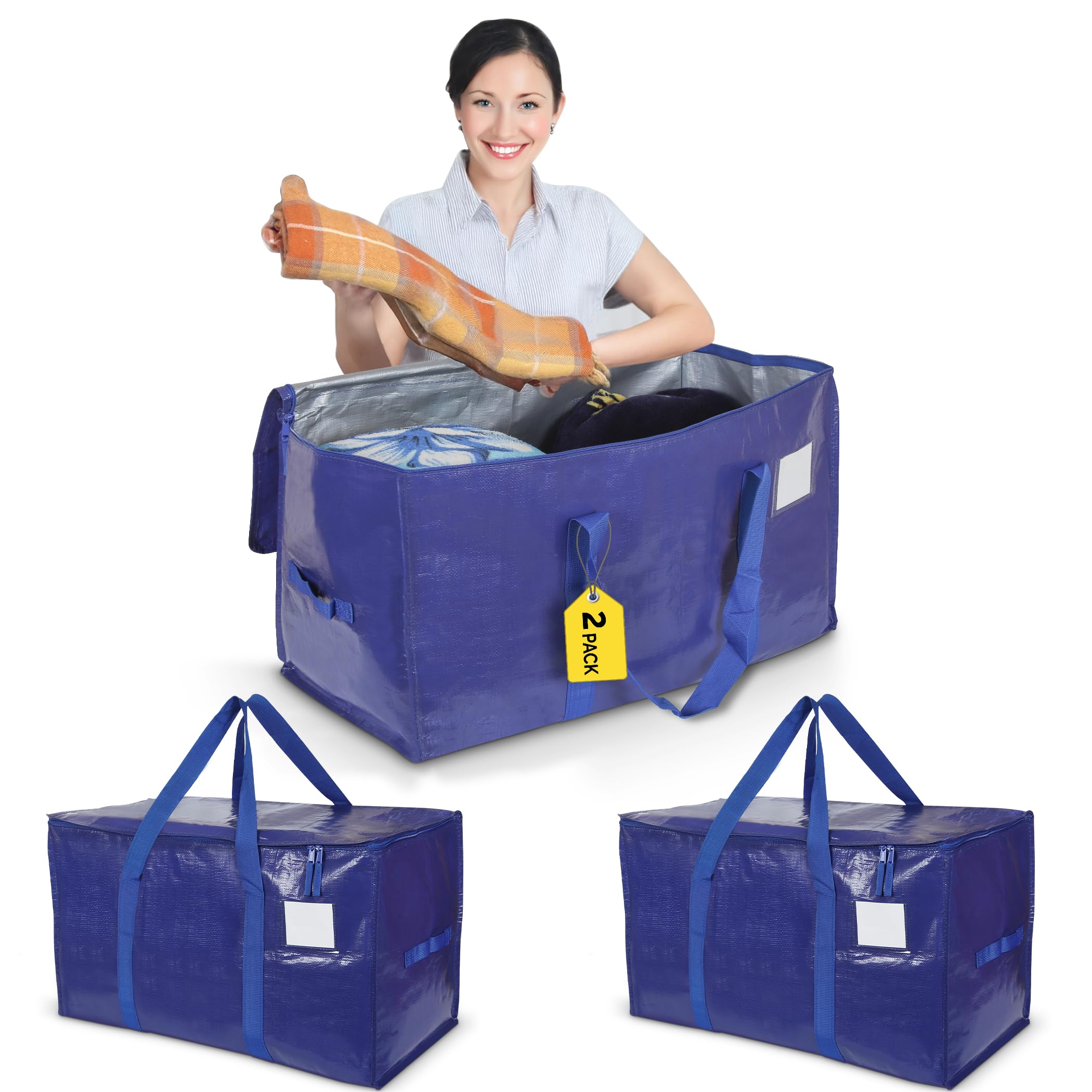 Yan & Hin Extra Large Moving Bags Heavy Duty 2 Pack, 90L Storage Bags for Moving with Zipper & Reinforced Handles, College Dorm Moving Bags, Reusable