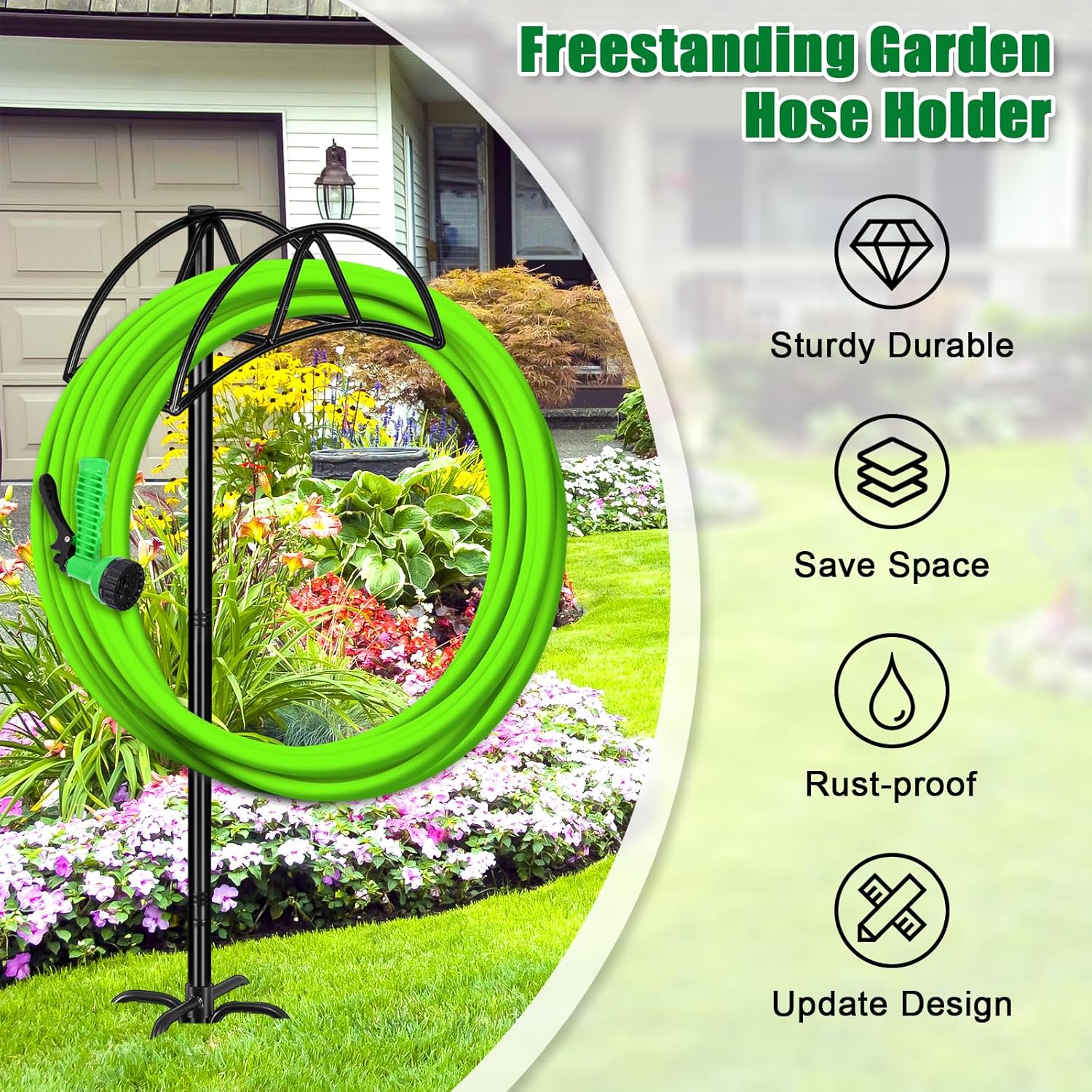 Gtongoko Garden Hose Holder with Upgrade 5 Prongs Base Freestanding Water Hose Holders for Outside Holds 150ft Hose Heavy Duty Metal Hose Hanger Sturdy Detachable Hose Stand Organizer Yard Black