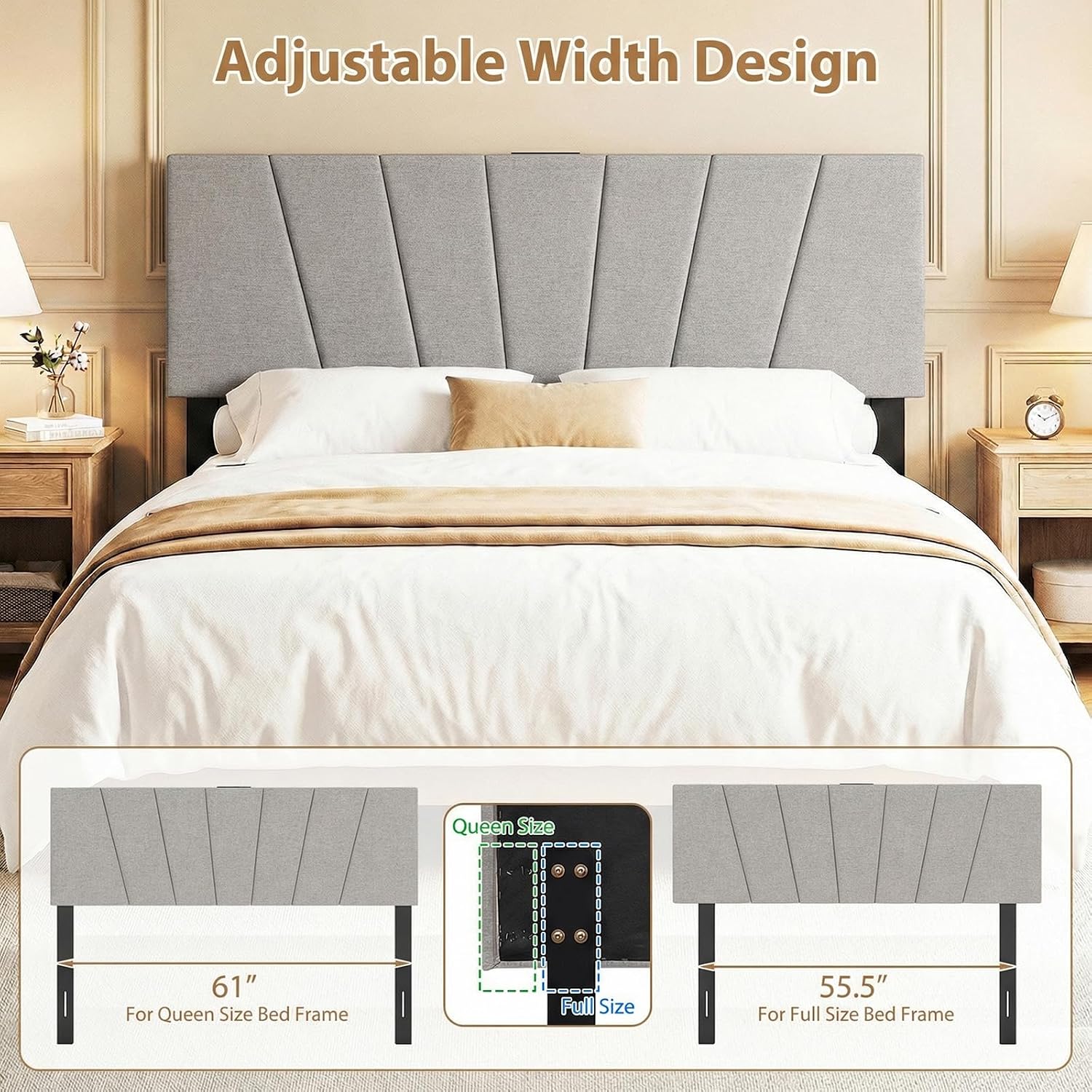 Giantex Headboard with Charging Station, Queen/Full Size Tufted Upholstered Head Board w/2 AC Outlets, USB & Type-C Ports, Rubber Wood Legs, Width Adjustable Modern Bed Headboard Only (Grey)