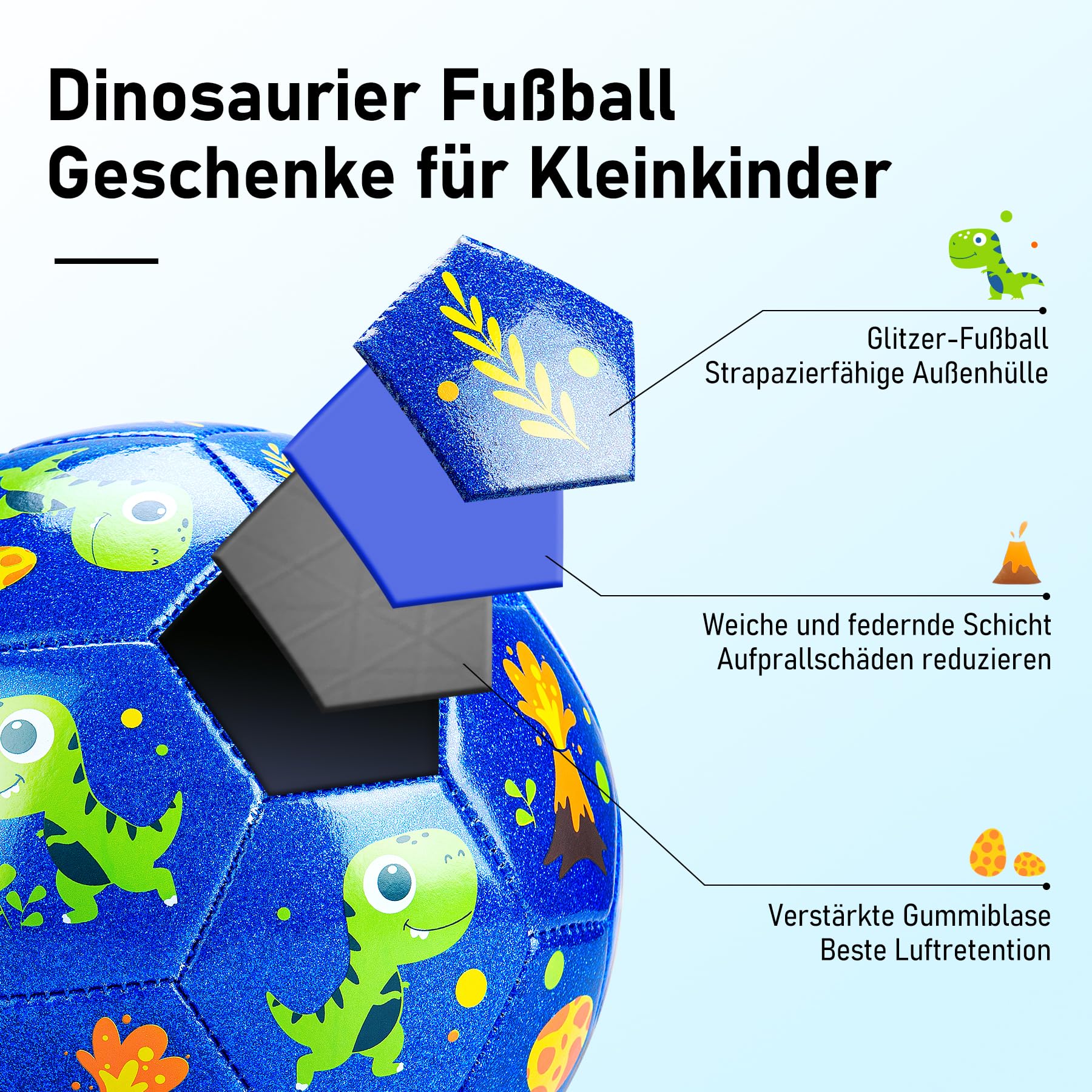 INPODAK Kleinkind-Fußball Größe 2 Kinderfußball Dinosaurier-Fußball Fußballgeschenk für Jungen und Mädchen Kleine Bälle für Garten Außenbereich Hof Rasen 1 2 3 4 5 6 Jahre alt
