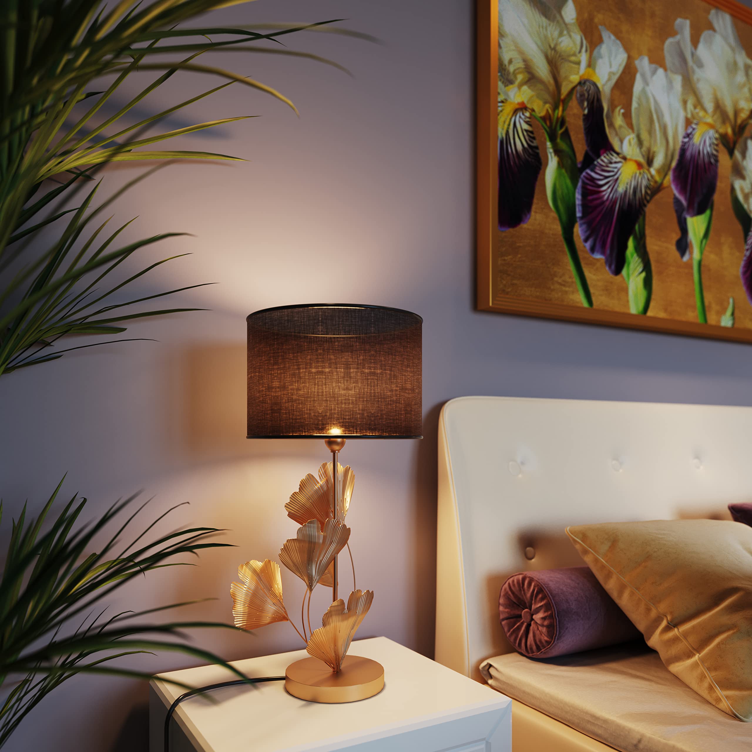 Kare Design Lampada da tavolo Flores Gold, nero, moderno, glamour, abat jour, stanza da letto, struttura in acciaio, effetto foglie di ginkgo, lampada da scrivania, lampadina non inclusa, 62x30x30 cm