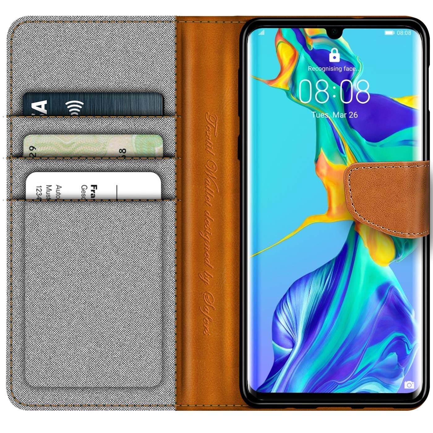 Verco Phone Wallet Case compatible with the Huawei P30, Canvas Faux Leather Book Cover for the P30 Flip Case Bag Hinged - Grey - Image 2