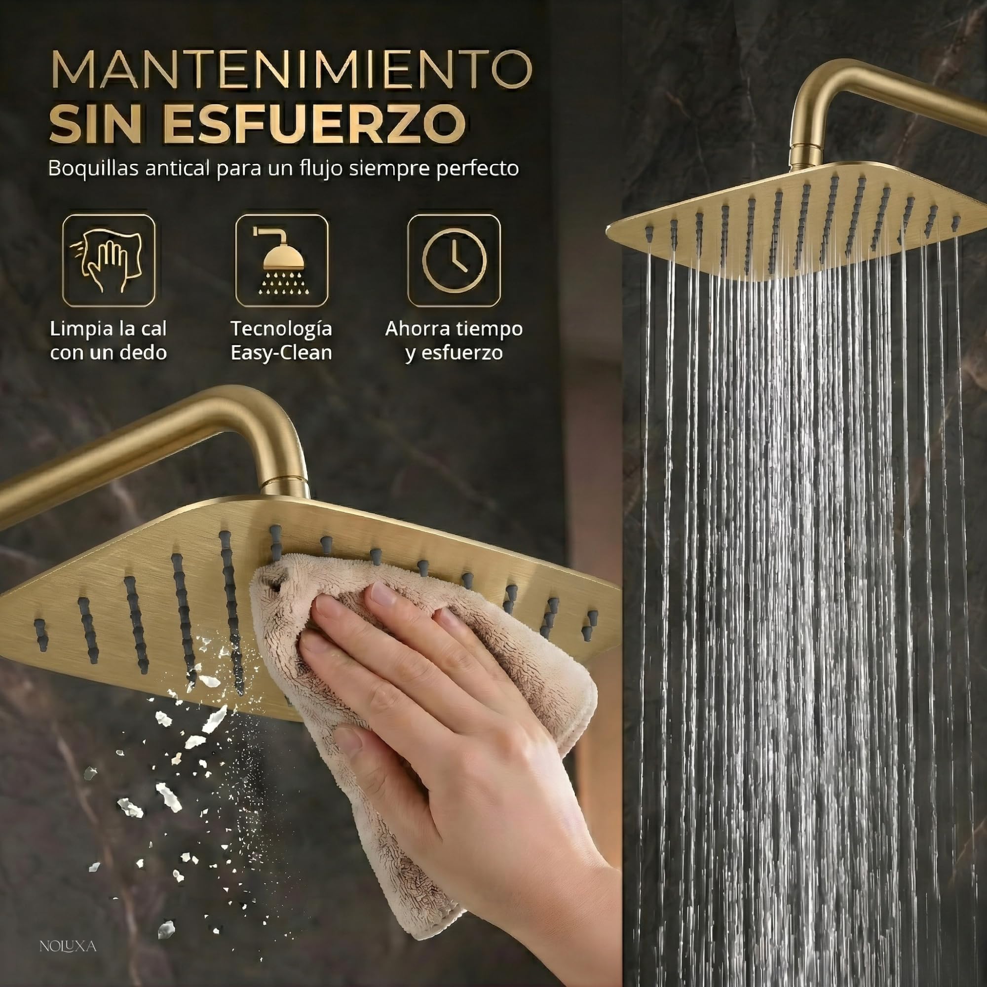 IMEX - Columna Ducha con Grifo para Bañera Oro Cepillado | Conjunto de Bañera con Alcachofa y Rociador Antical Dorado | Griferia en Latón y Acero Inox S.304 con Barra Extensible | Serie Toscana