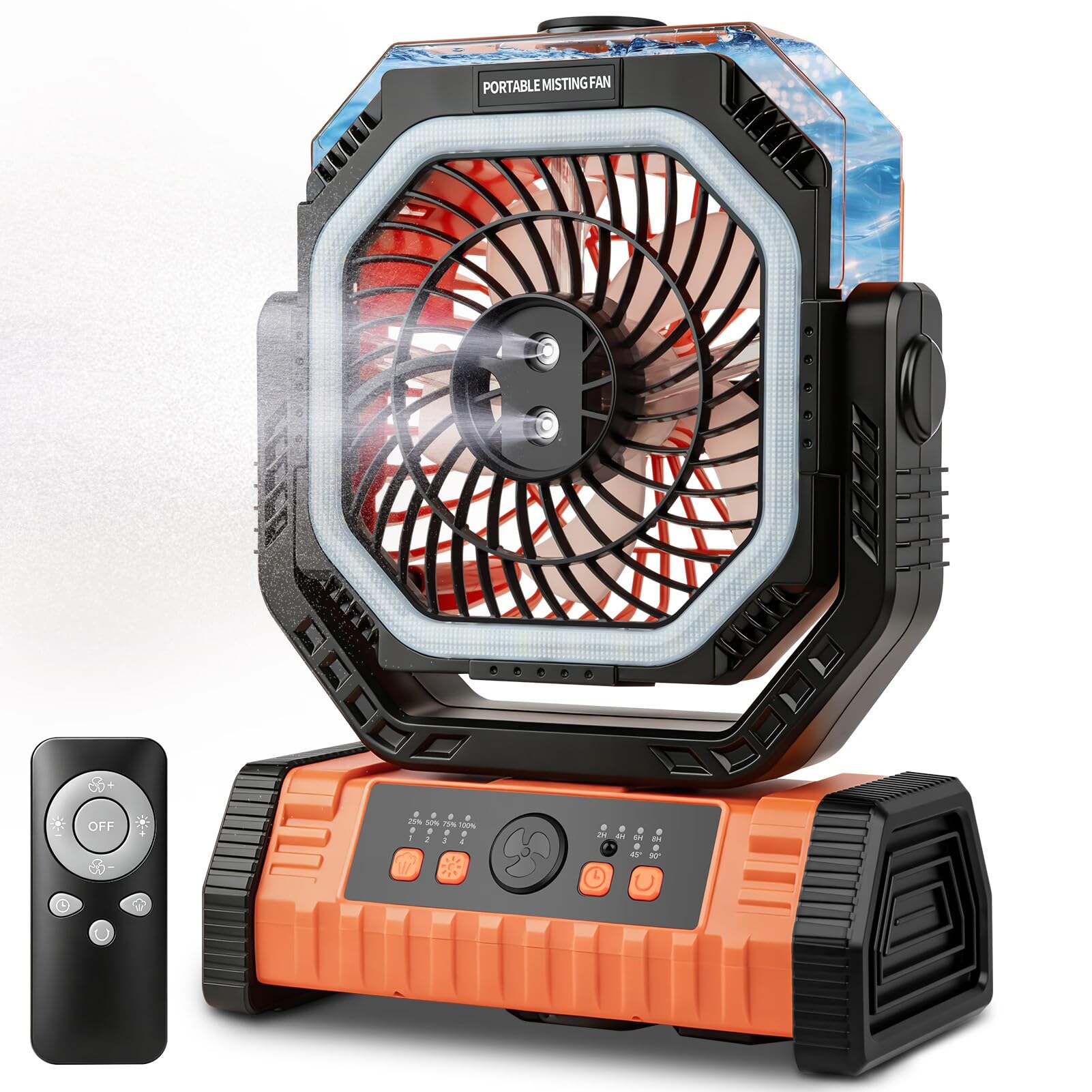 Ventilador Camping 20000mAh con Mando, Ventilador Portátil Recargable con Inclinación Manual 270° y Oscilación Auto 45°/90°, 4 Velocidades, 3 Luces LED, para Interior, Campaña, Playa (Naranja)
