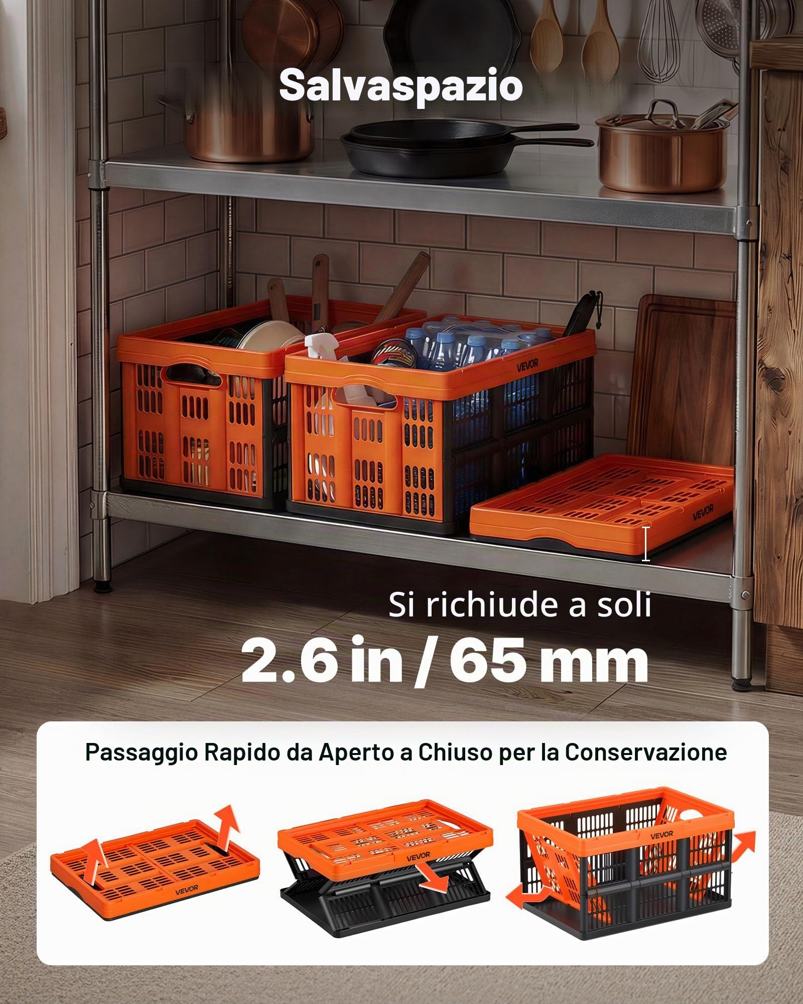 VEVOR Scatole Portaoggetti Pieghevoli in Plastica 45 L, Cassette Pieghevoli Impilabili con Maniglie, Confezione da 6, Portata Massima 15 kg, Cestini Contenitori Pieghevoli Resistenti e Salvaspazio