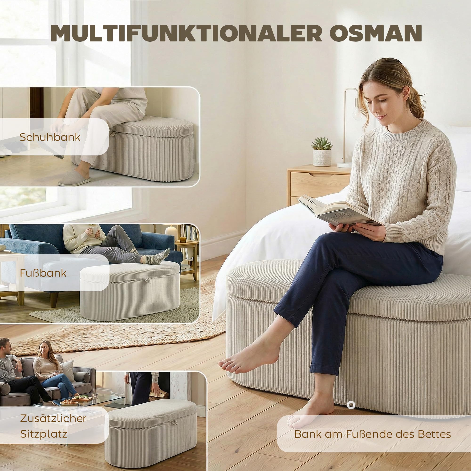 HOMCOM Sitzbank mit Stauraum Polsterbank 105 x 51 x 49 cm mit Holzrahmen, Streifenstruktur, Cord-Optik, Sitztruhe mit Doppelscharniere Bank bis 200 kg für Wohnzimmer, Schlafzimmer, Flur, Beige