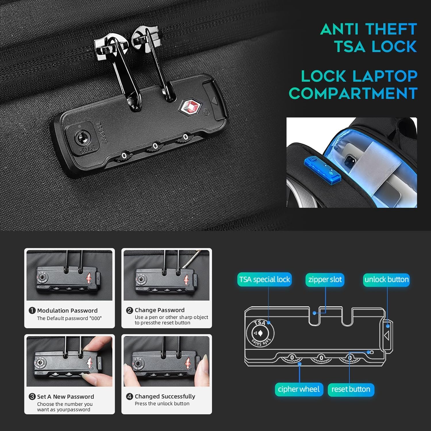 BANGE Anti-Diebstahl Laptop Rucksack, Schwarz | Anti-Diebstahl Schnalle, Reißverschluss Tasche, Für Männer und Frauen，15,6-Zoll-Laptop-Fach