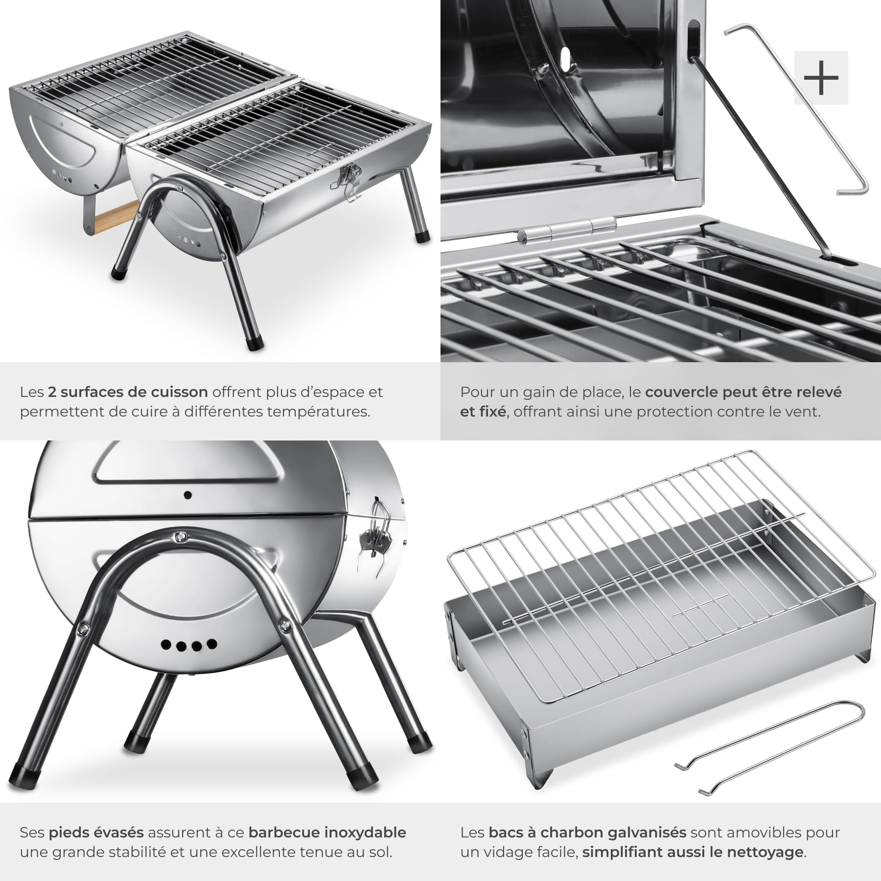 tectake® Barbecue portable avec double surface de cuisson, 42x30.5x44 cm | Acier inox, Couvercle pratique, Poignée en bois, Trous d'aération, Bacs à charbon amovibles, Pinces pour grille, Stabilité